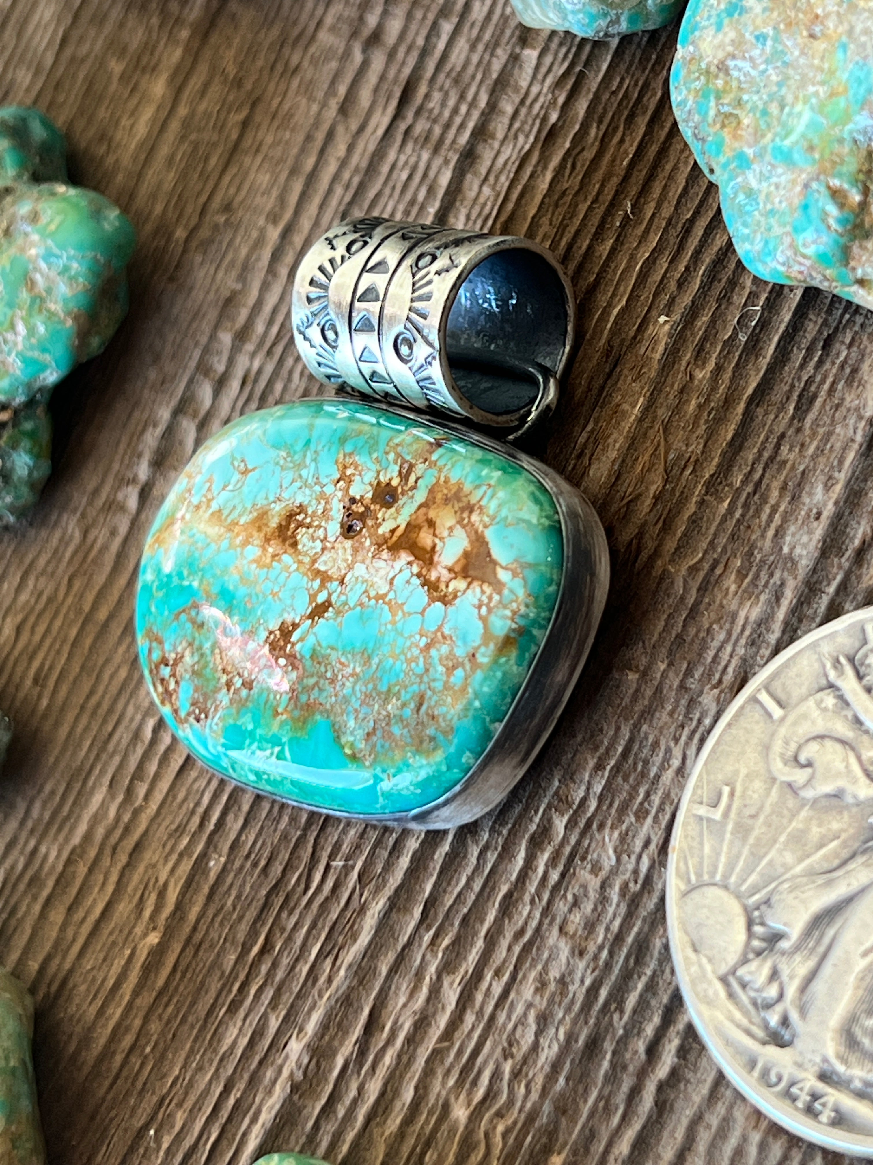 Handcrafted Sterling Silver and Sonoran Turquoise Solo Pendant by Angela Martin