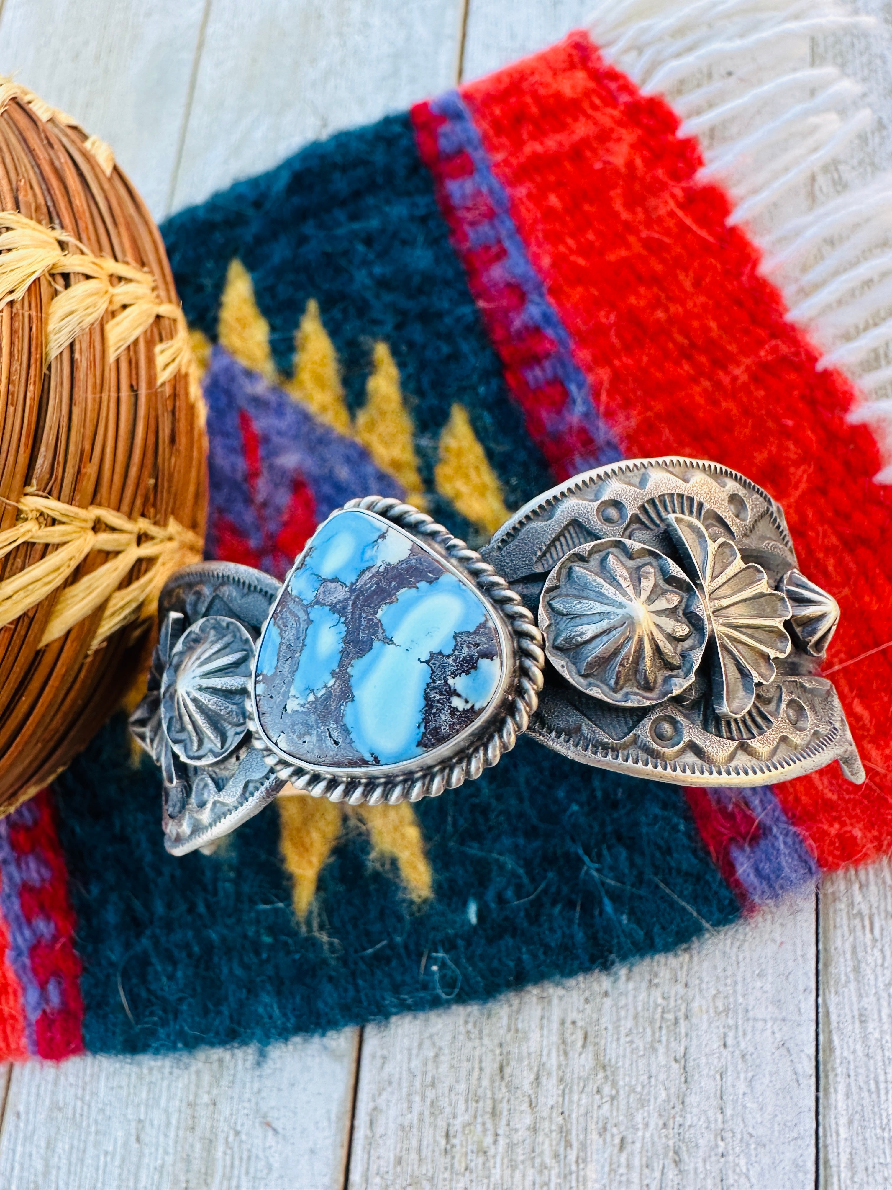 Handcrafted Golden Hills Turquoise & Sterling Silver Cuff Bracelet by Kevin Billah