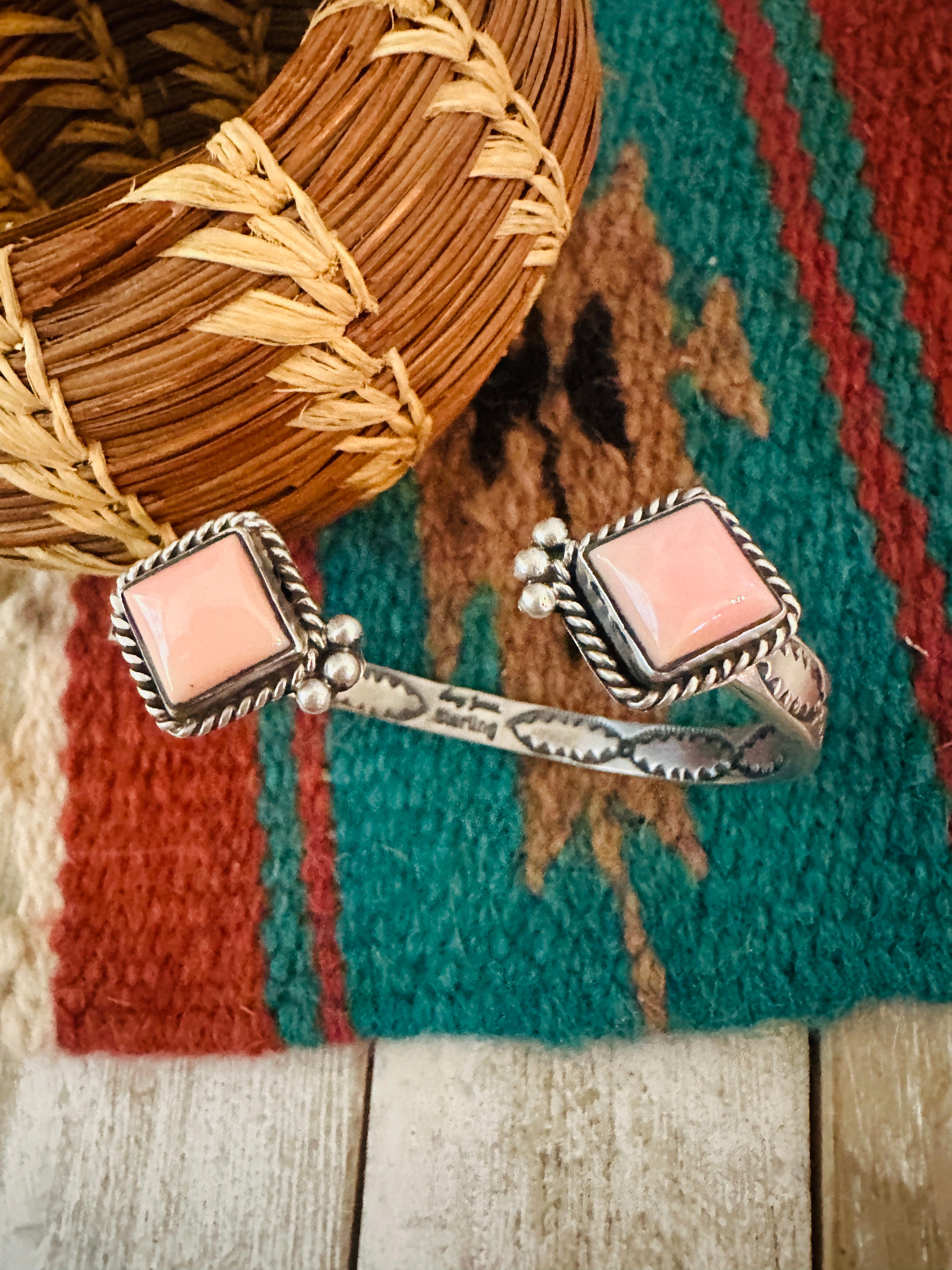 Navajo Queen Pink Conch & Sterling Silver Floating Cuff Bracelet