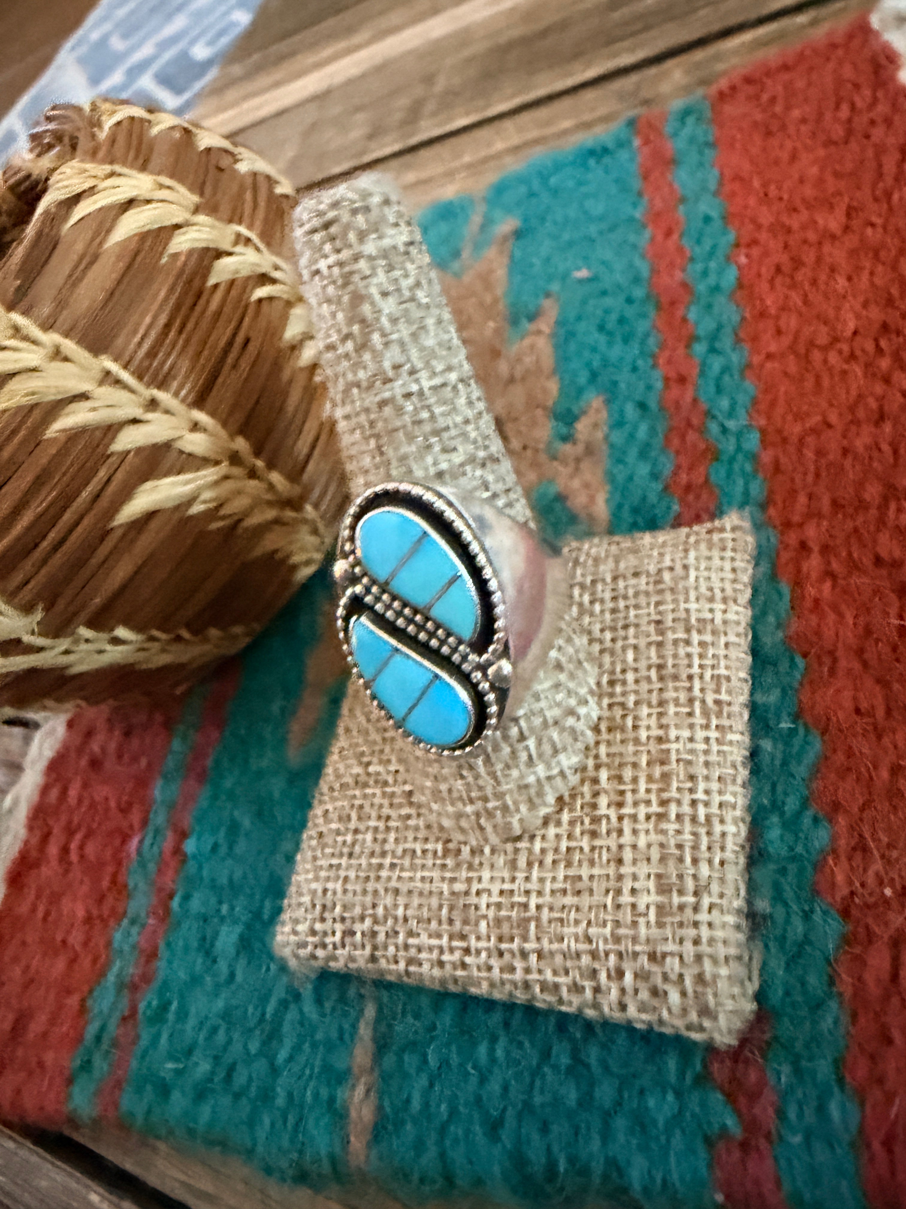 Old Pawn Handcrafted Turquoise & Sterling Silver Inlay Cigar Band Ring Size 10