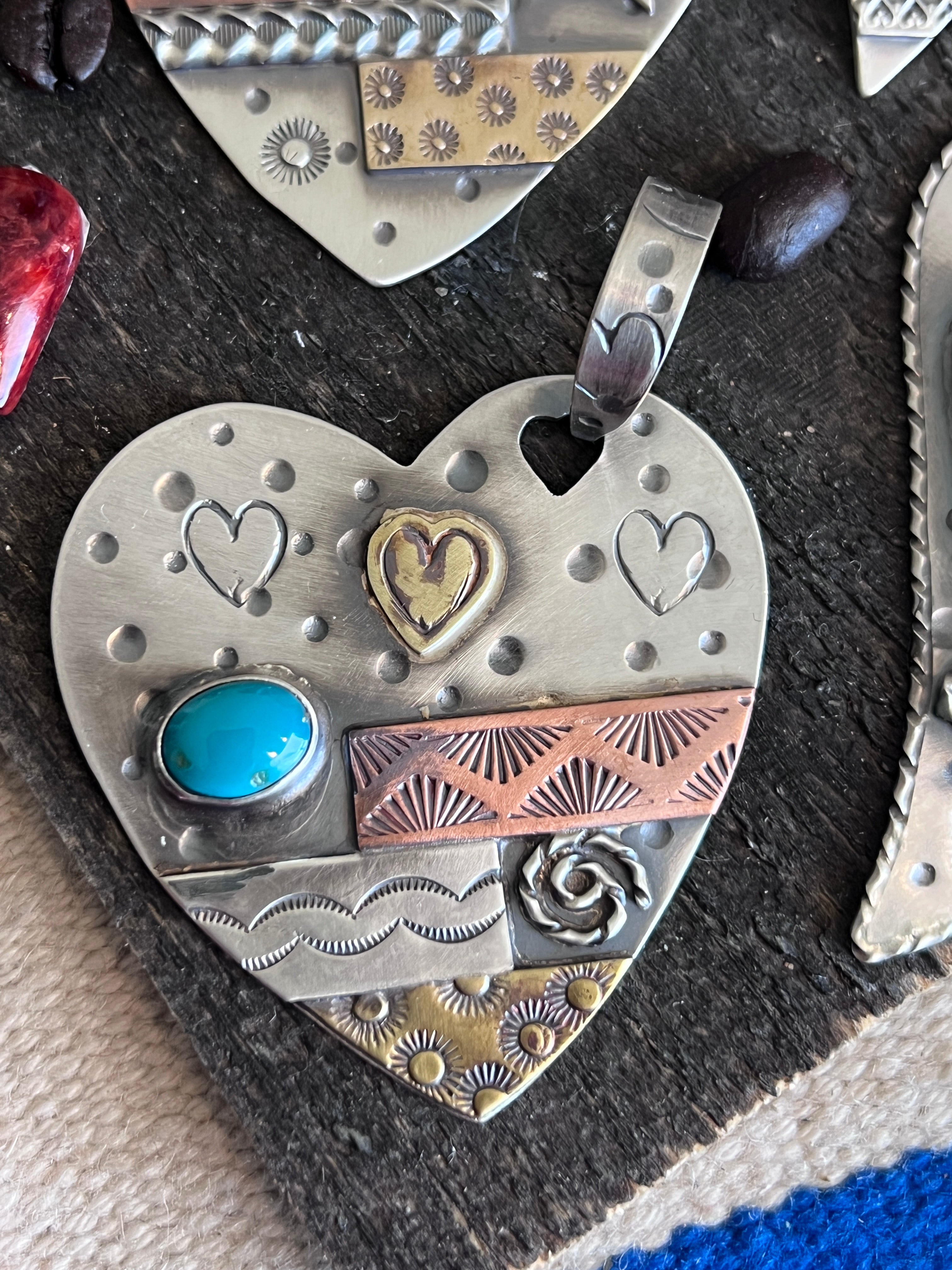 Kimari Somers Hand Stamped Sterling Silver, Copper, Brass & Turquoise ‘Full Heart’ Pendant