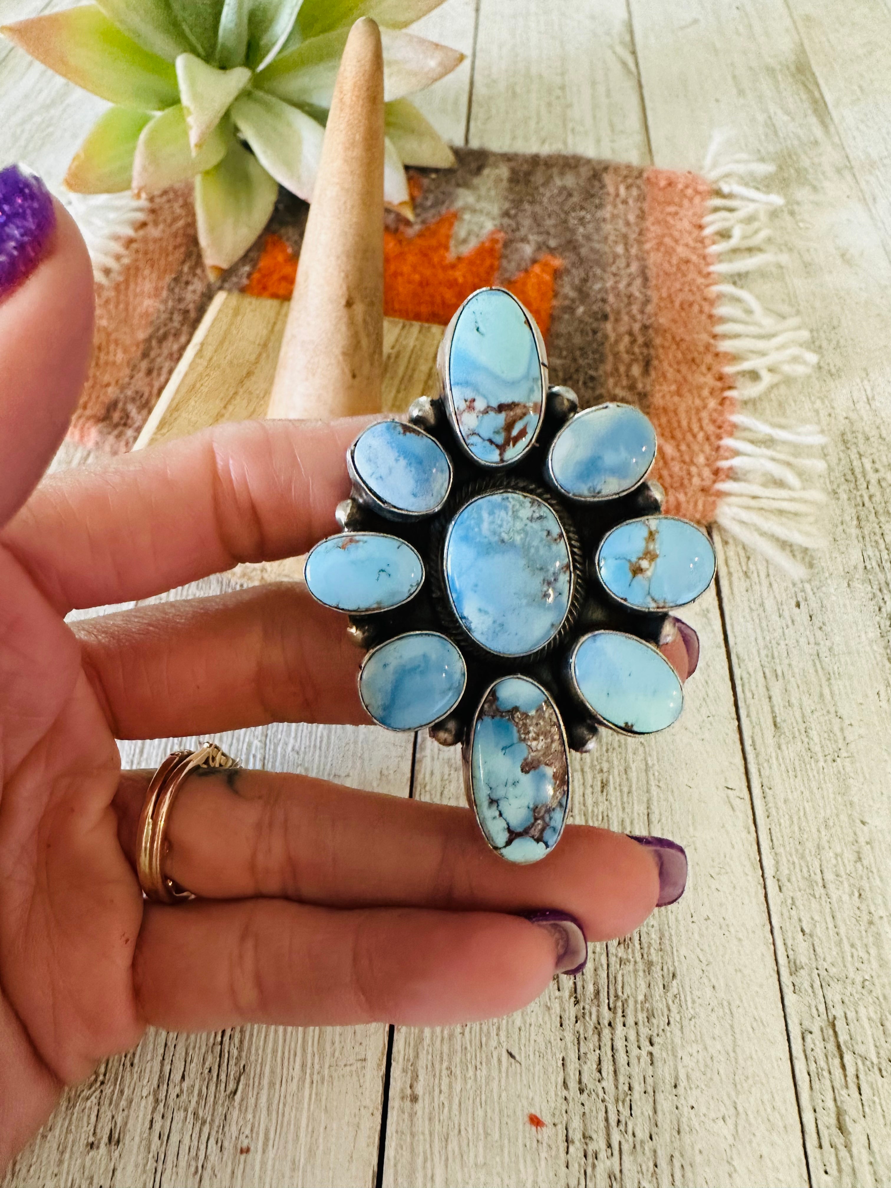 Navajo Golden Hills Turquoise & Sterling Silver Cluster Ring Size 9.5