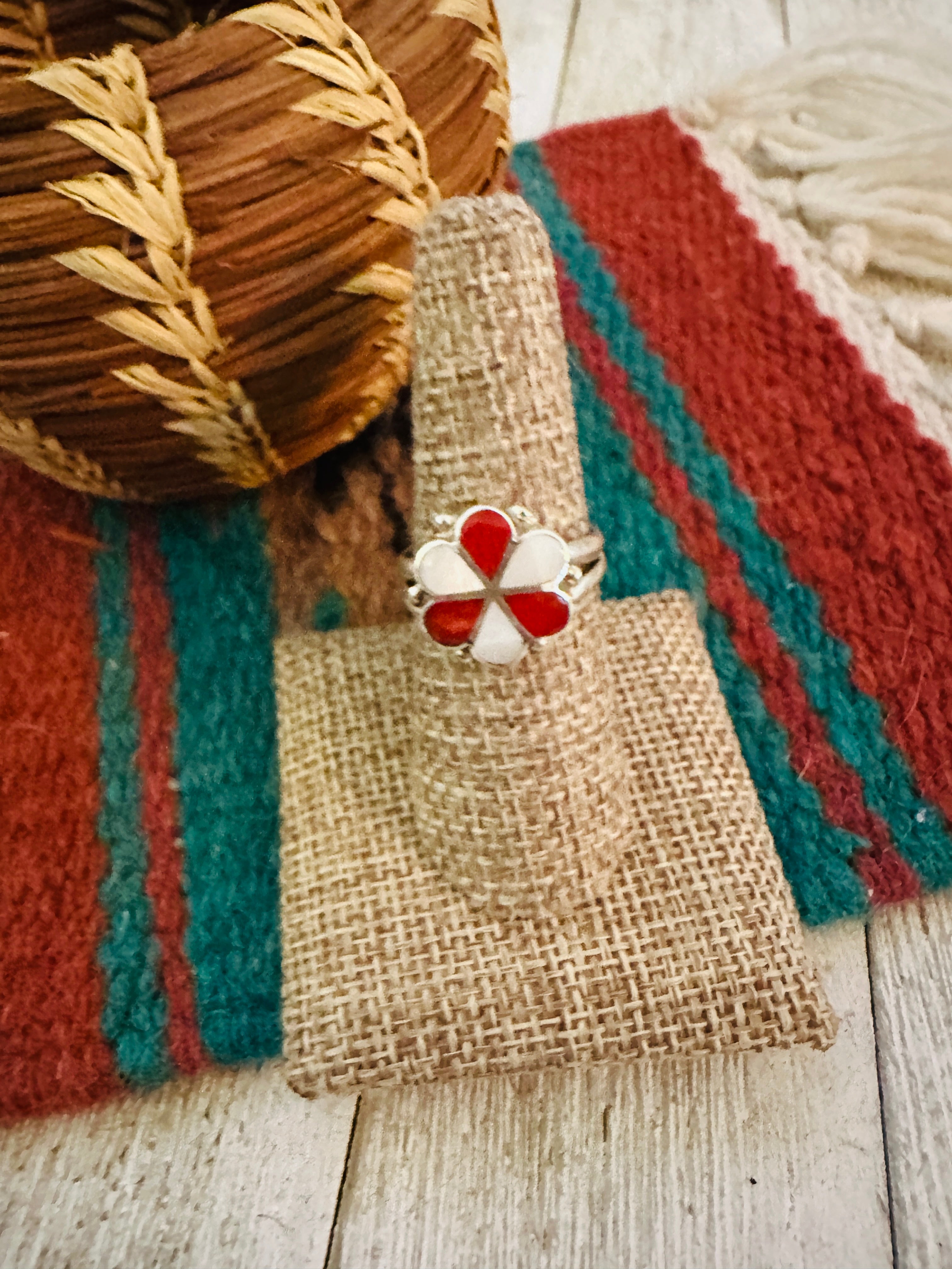 Hand Crafted Mother of Pearl, Coral & Sterling Silver Inlay Flower Ring Size 8.5