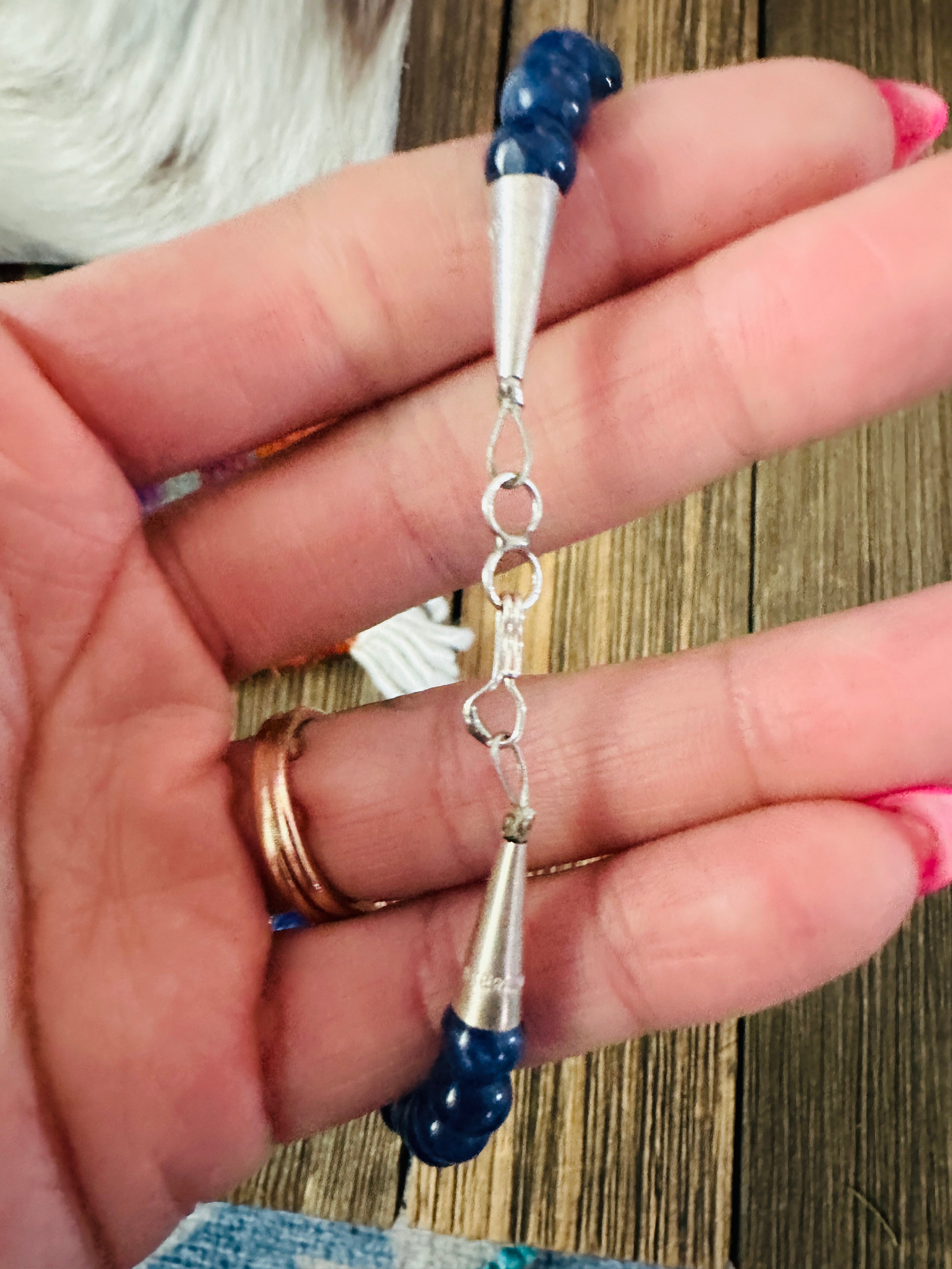 Handcrafted Lapis & Sterling Silver Beaded 18” Necklace by T & R Singer