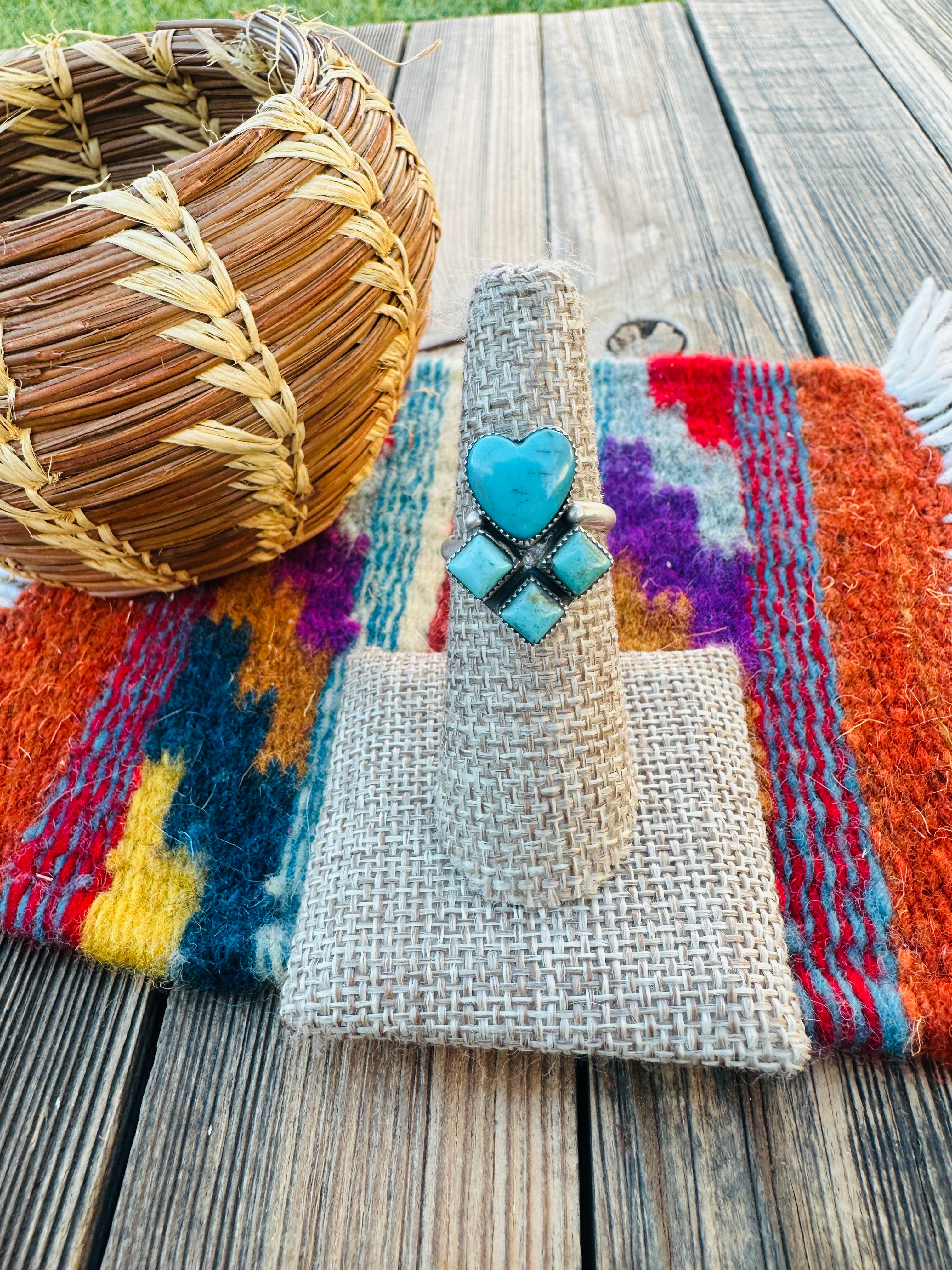 Handcrafted Turquoise & Sterling Silver Heart Adjustable Ring by Julia Etsitty