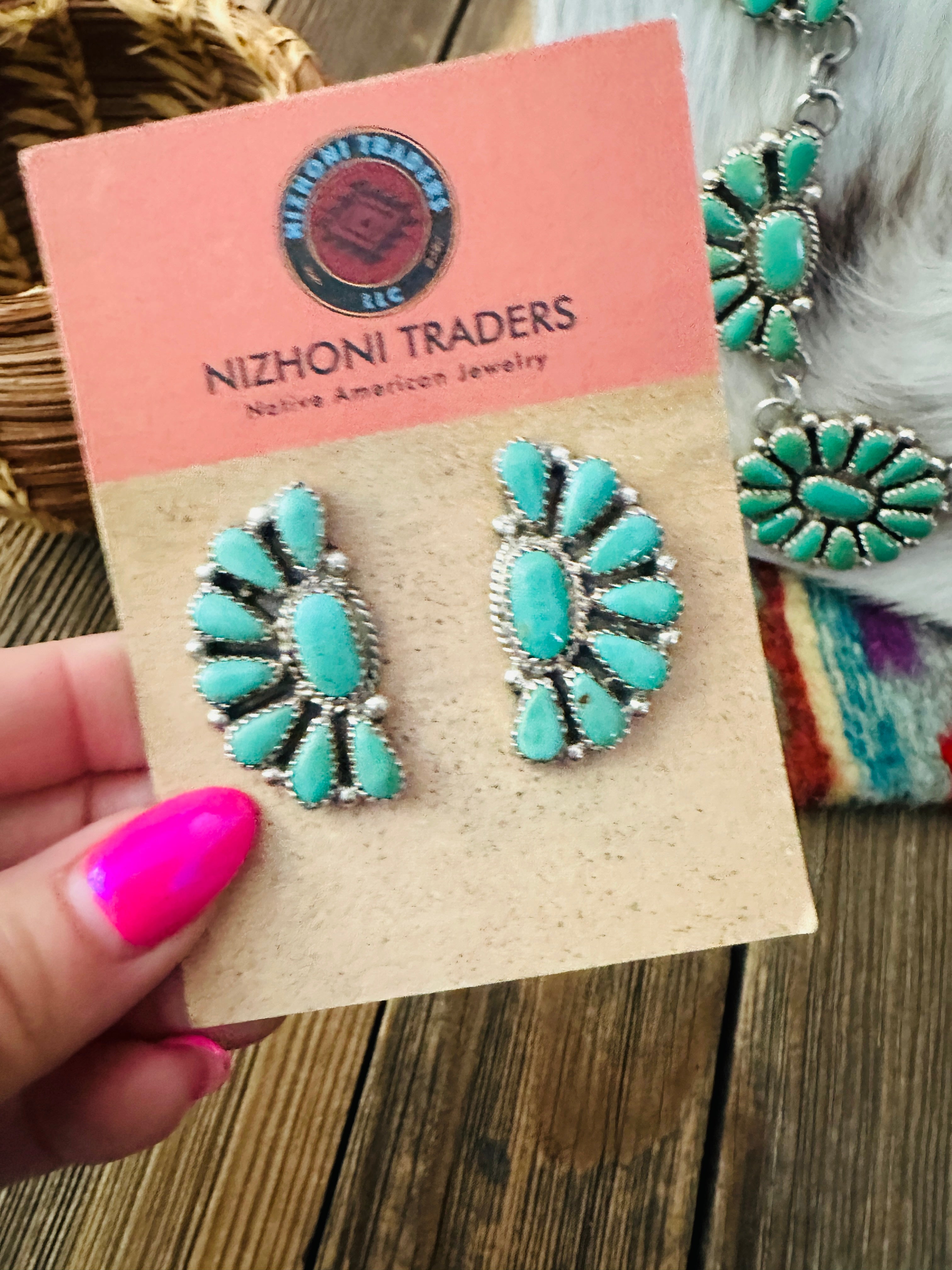 Handcrafted Turquoise & Sterling Silver Cluster Necklace and Earring Set