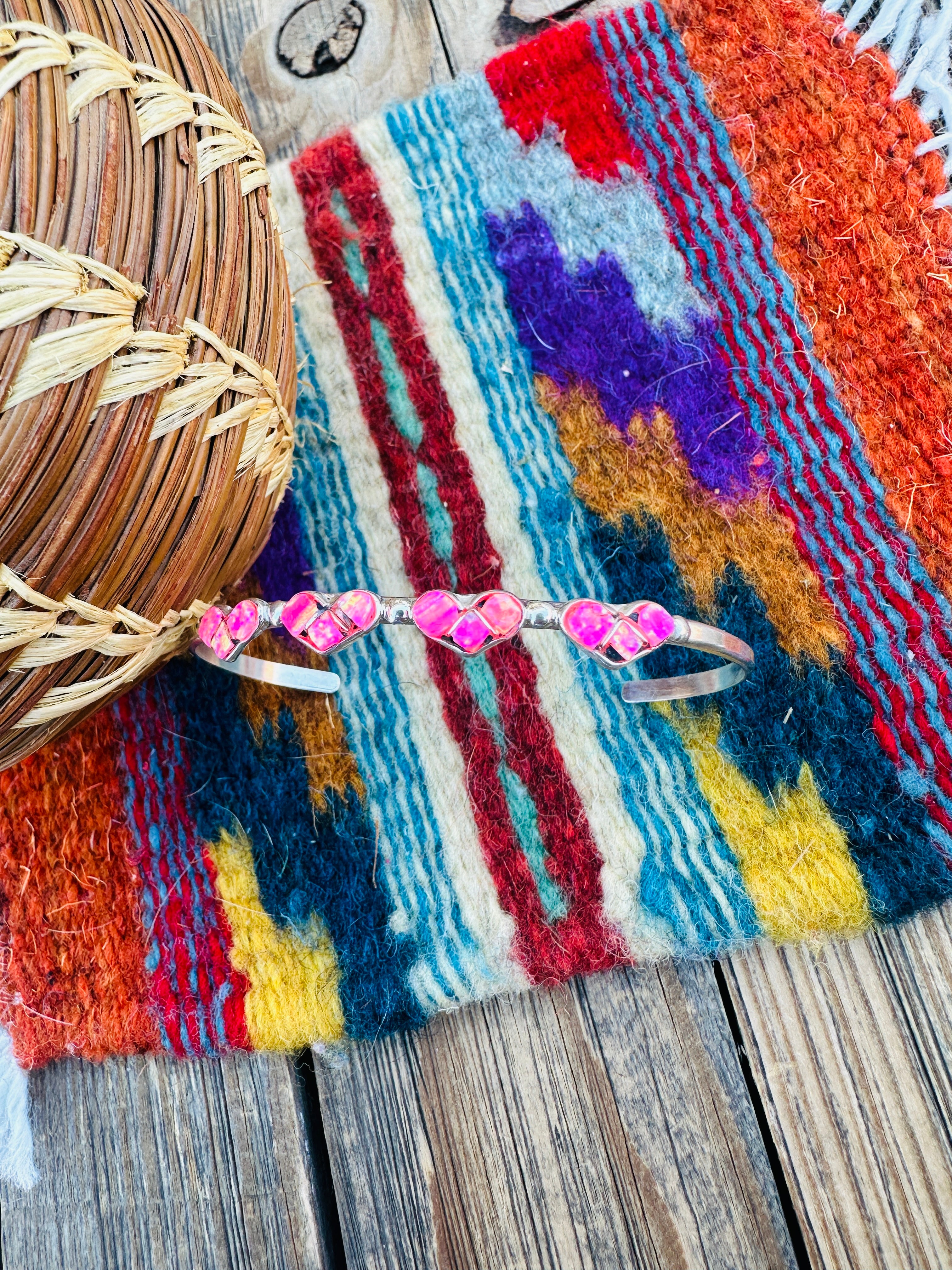 Handcrafted Sterling Silver & Pink Opal Heart Inlay Cuff Bracelet