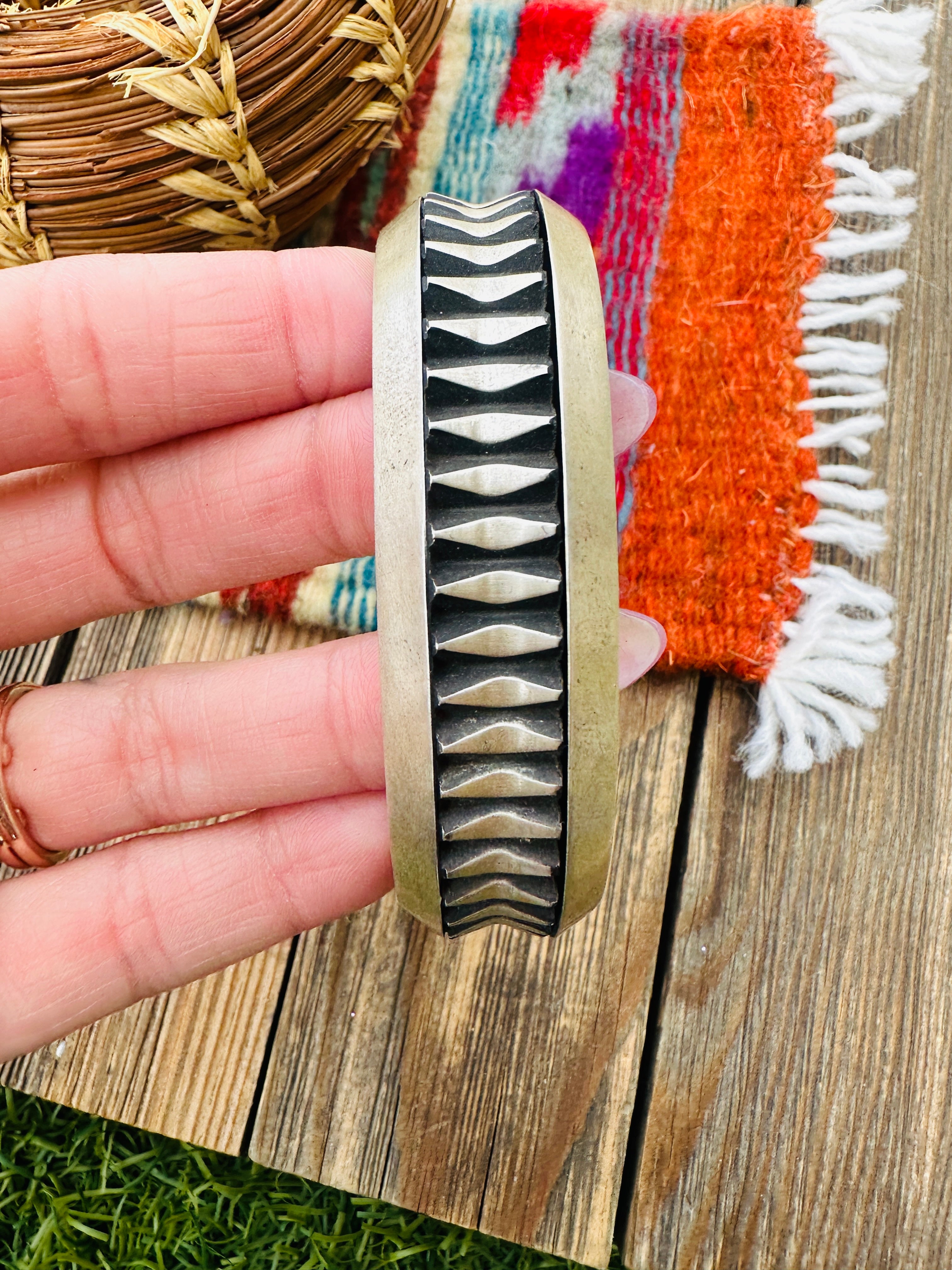 Hand Stamped Sterling Silver Cuff Bracelet by Leander Tahe