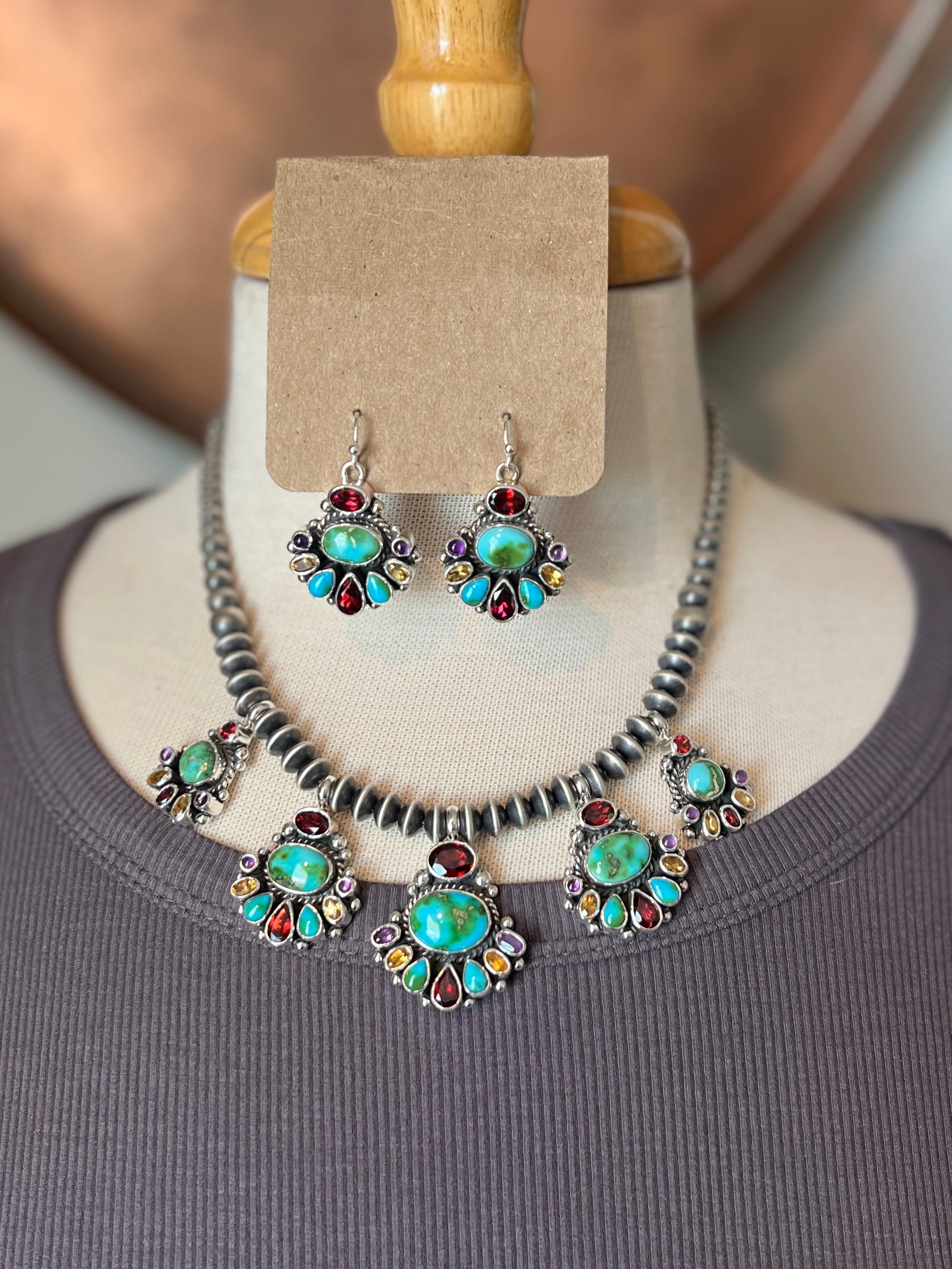 Handcrafted Sterling Silver Gems & Jewels Beaded Cluster Necklace and Earrings Set by Diane Wylie