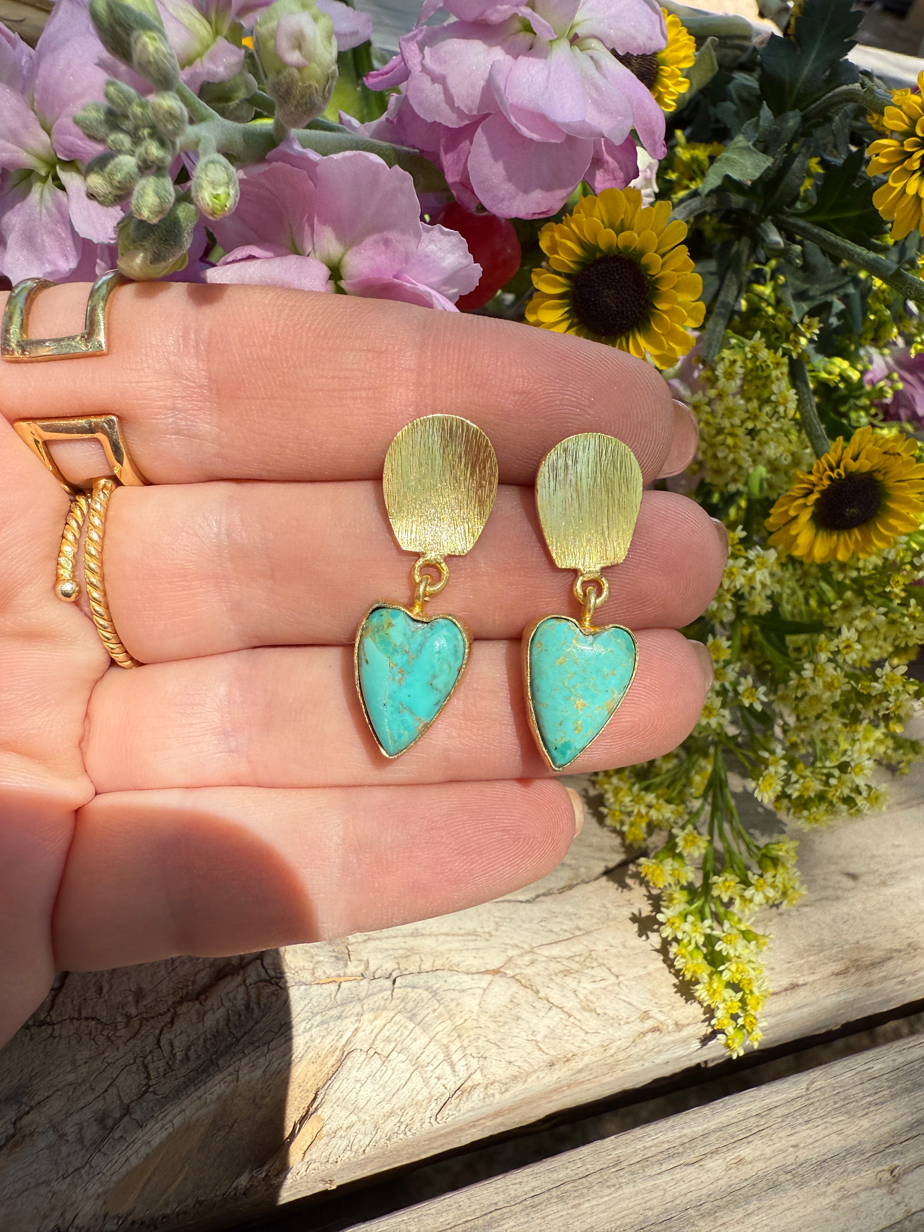 “The Golden Collection” Handmade Gold Plated Natural Turquoise Heart Dangle Earrings