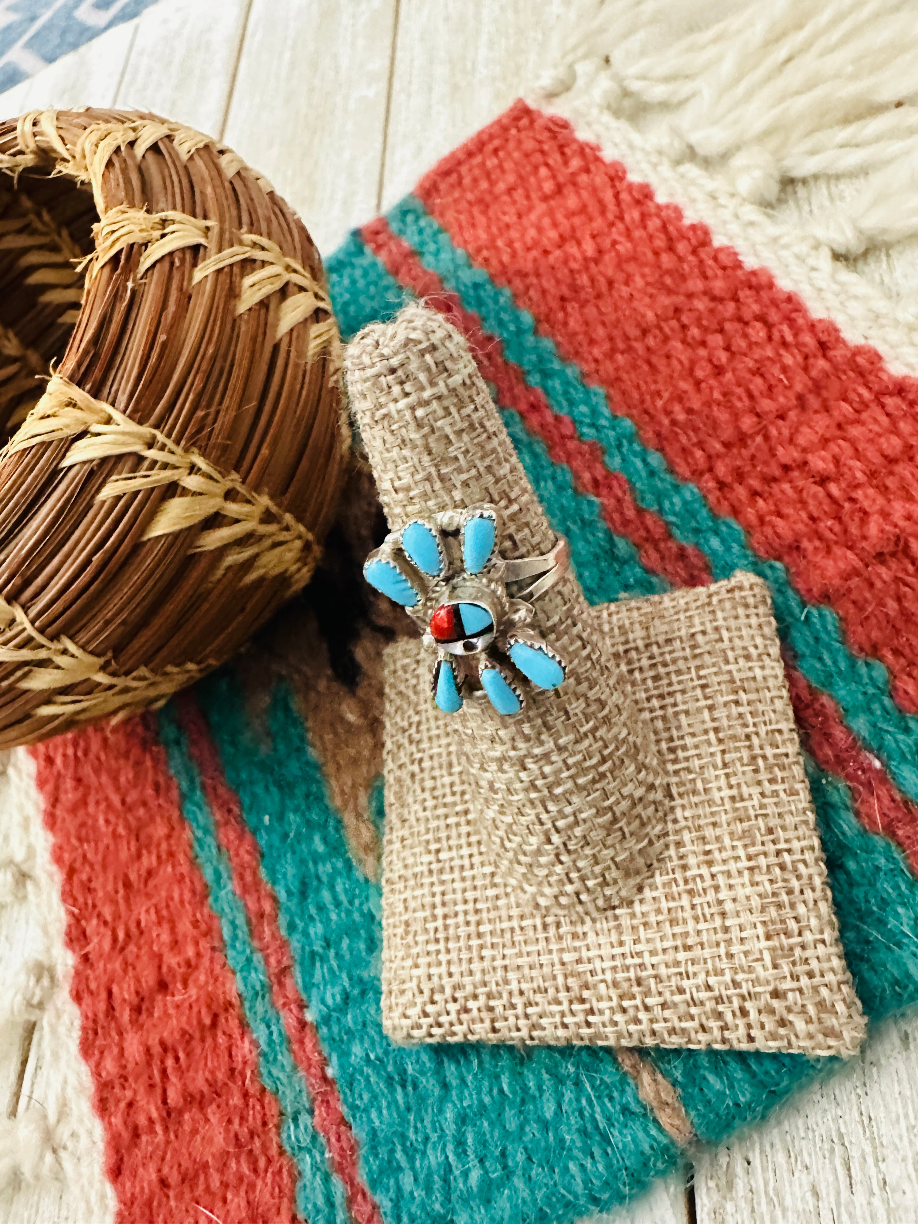 Handcrafted Multi Stone & Sterling Silver Inlay Sun Face Ring Size 6.5