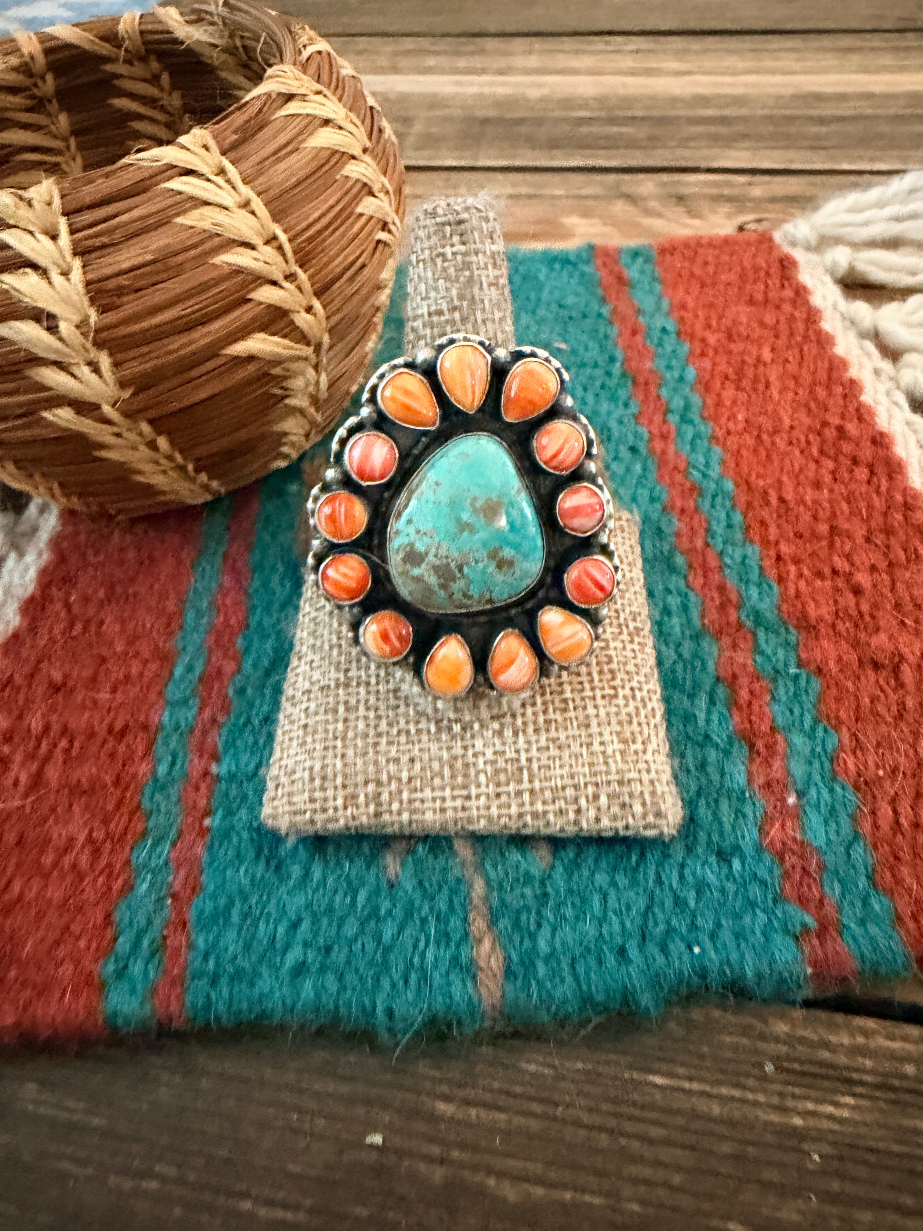 Handcrafted Spiny Oyster, Turquoise & Sterling Silver Cluster Ring by Sheila Becenti Size 10