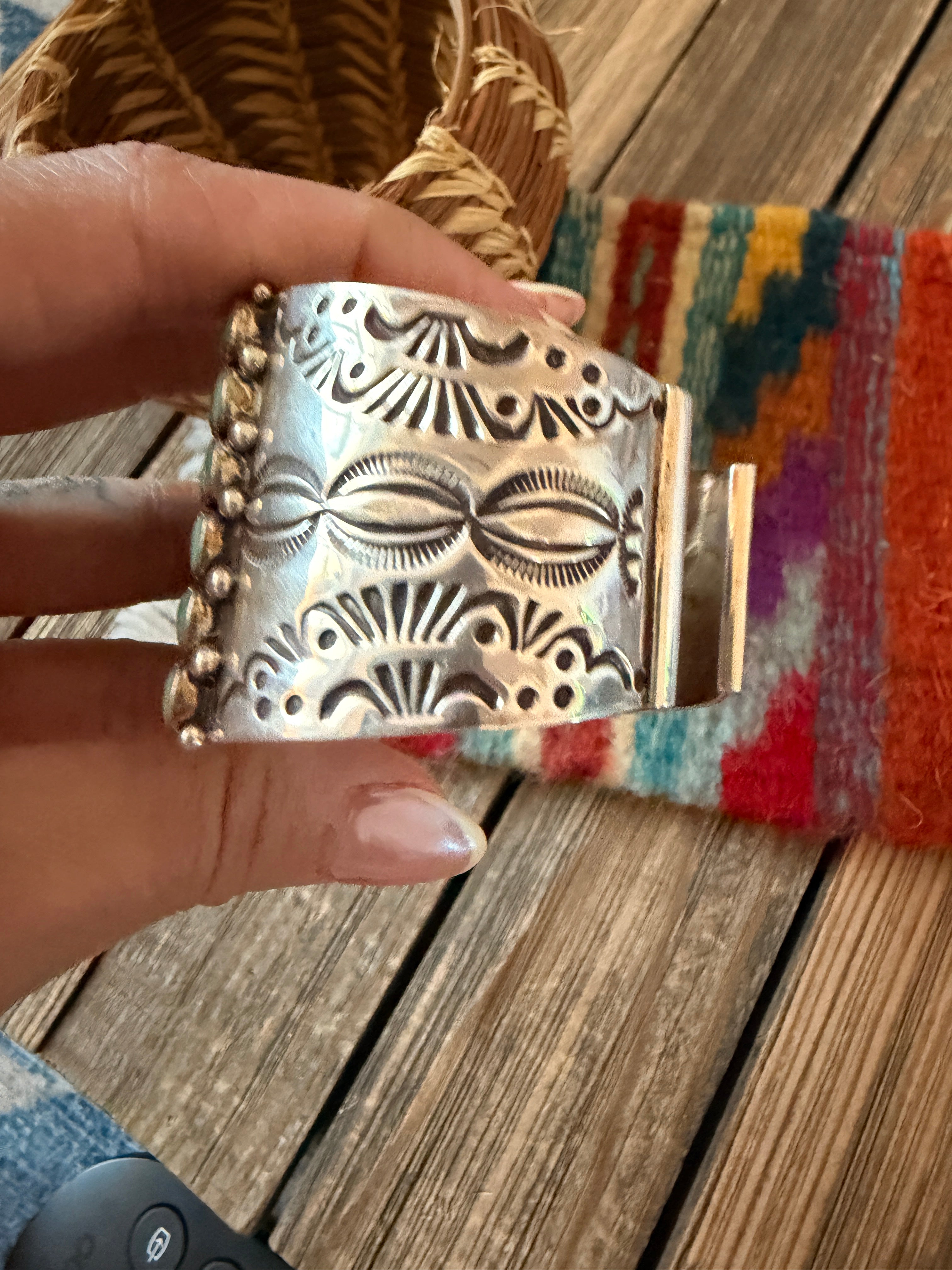 Handcrafted Turquoise & Sterling Silver Cluster Cuff Bracelet By Dee Nez