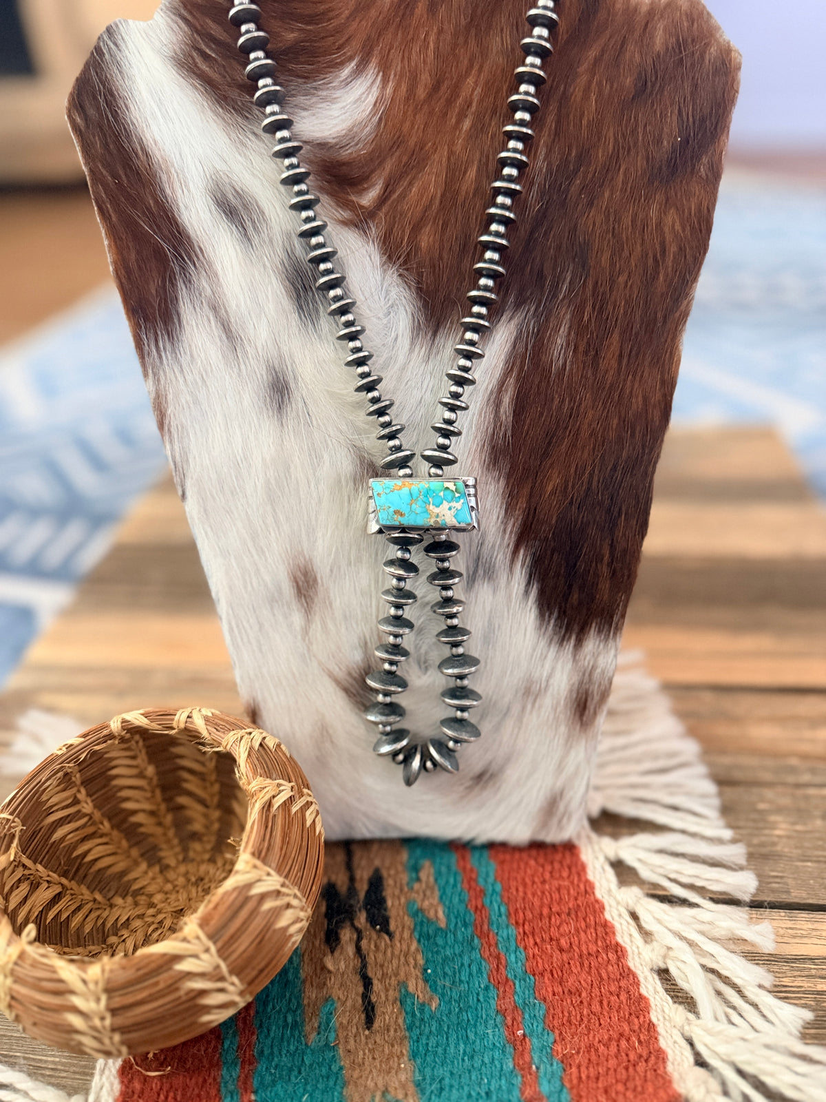 Handcrafted Turquoise & Sterling Silver Beaded Double Sided Jacla Necklace