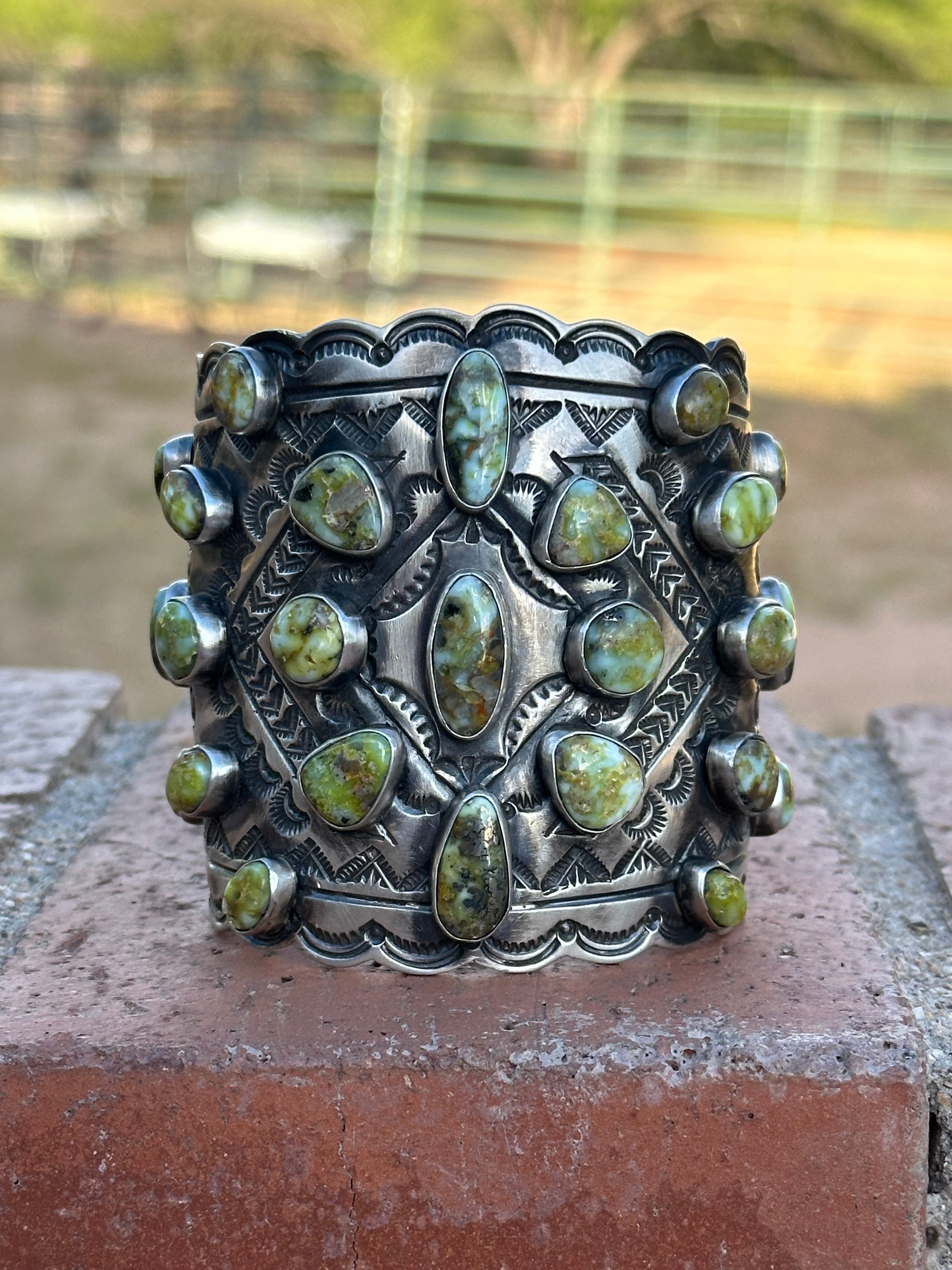 Larry James Palomino Turquoise & Sterling Silver Cluster Cuff Bracelet /