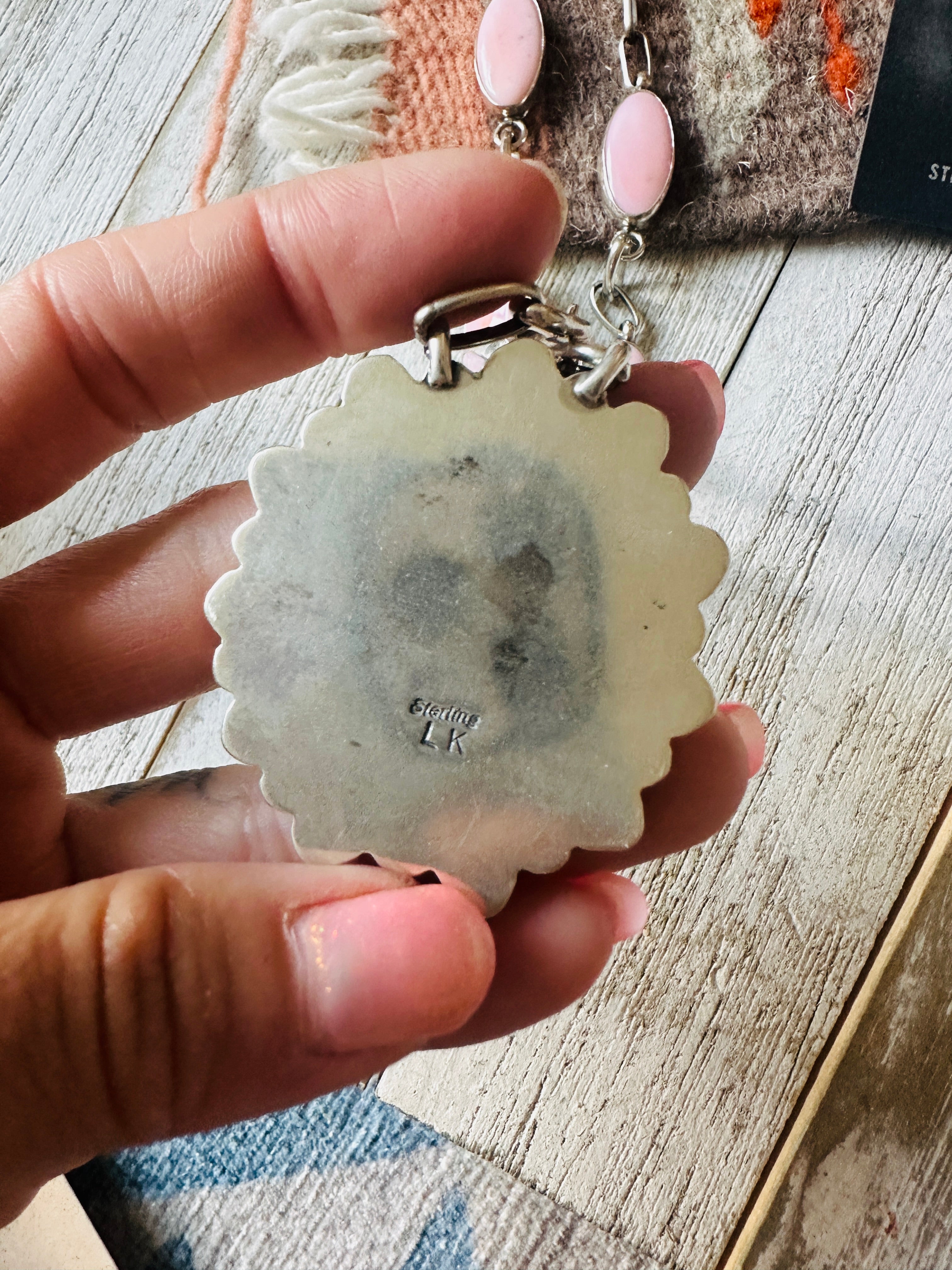 Handcrafted Queen Pink Conch, Turquoise & Sterling Silver Cluster Necklace Set