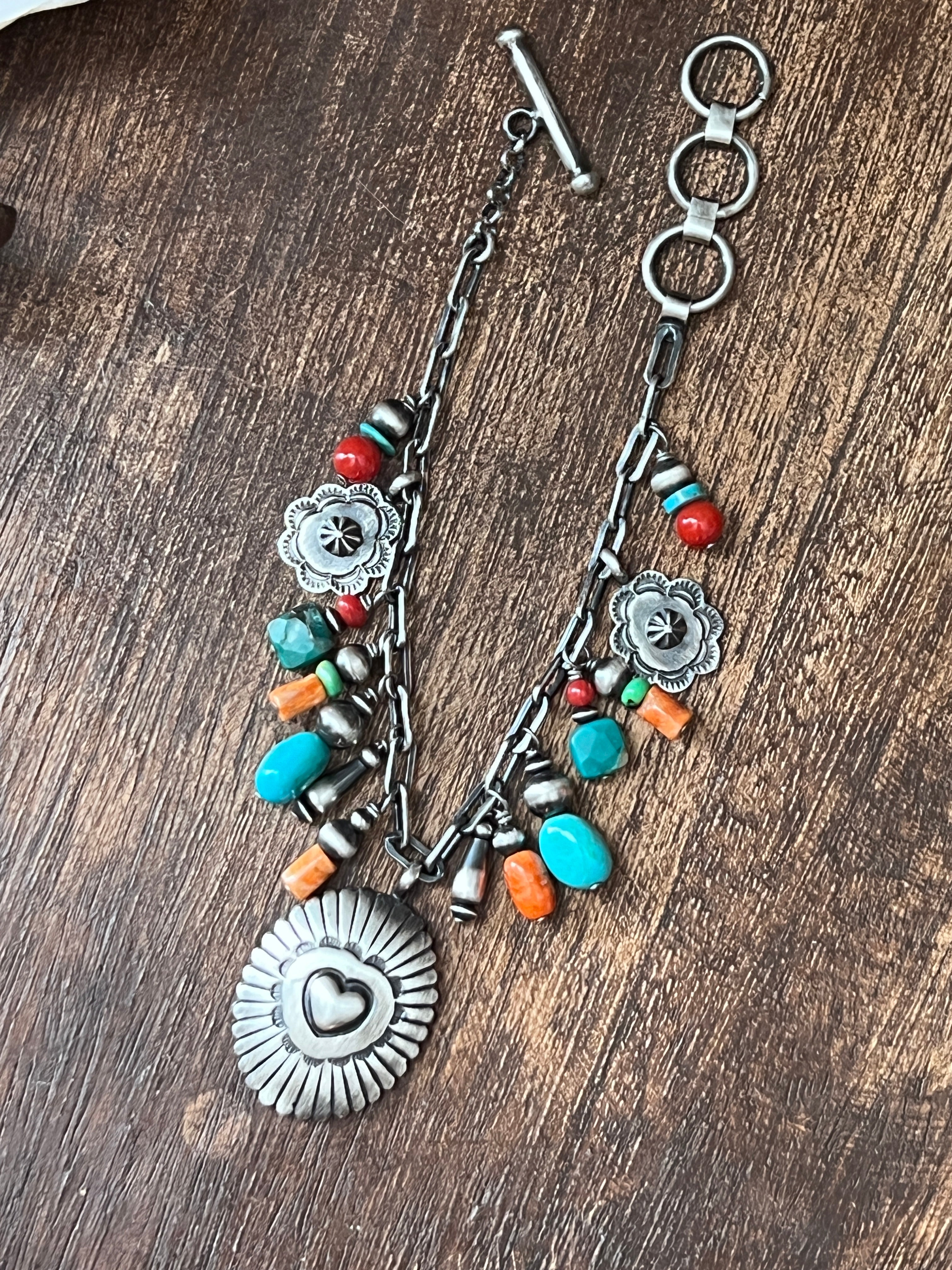 Raymond Coriz Handcrafted Sterling Silver Concho & Multistone Beaded Charm Bracelets