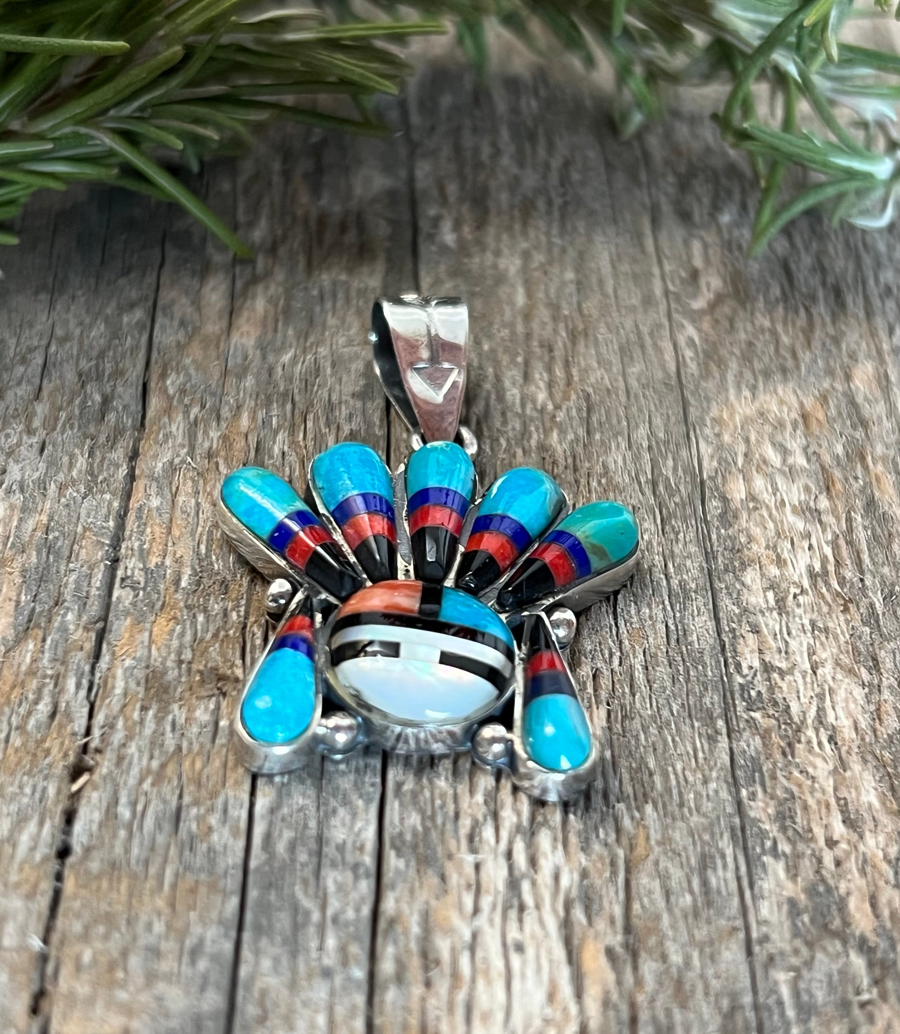 Handmade Turquoise MultiStone Inlay Sterling Silver Sun Face Pendant
