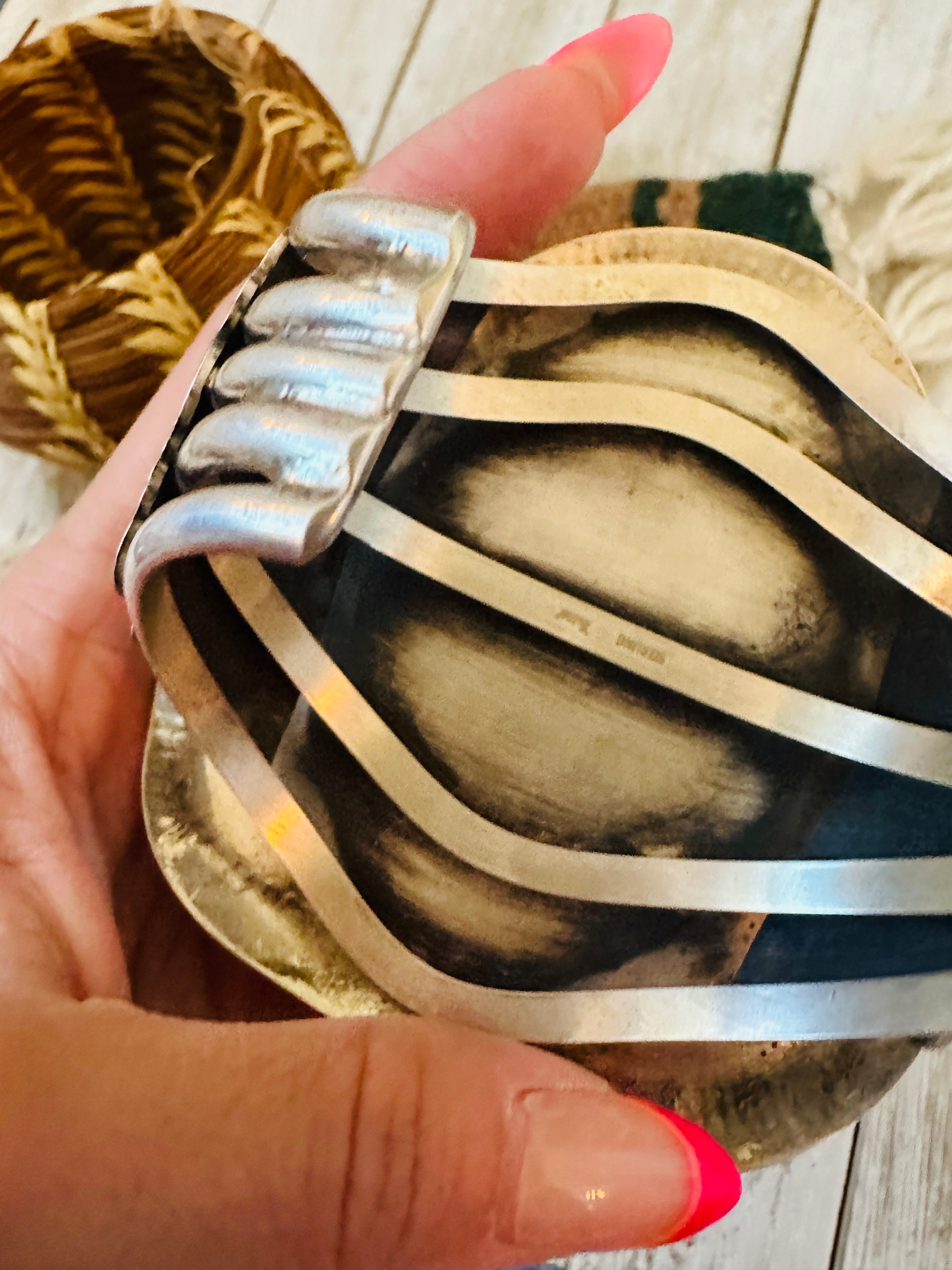 Old Pawn Handcrafted Sterling Silver & Spider Web Kingman Turquoise Cuff Bracelet