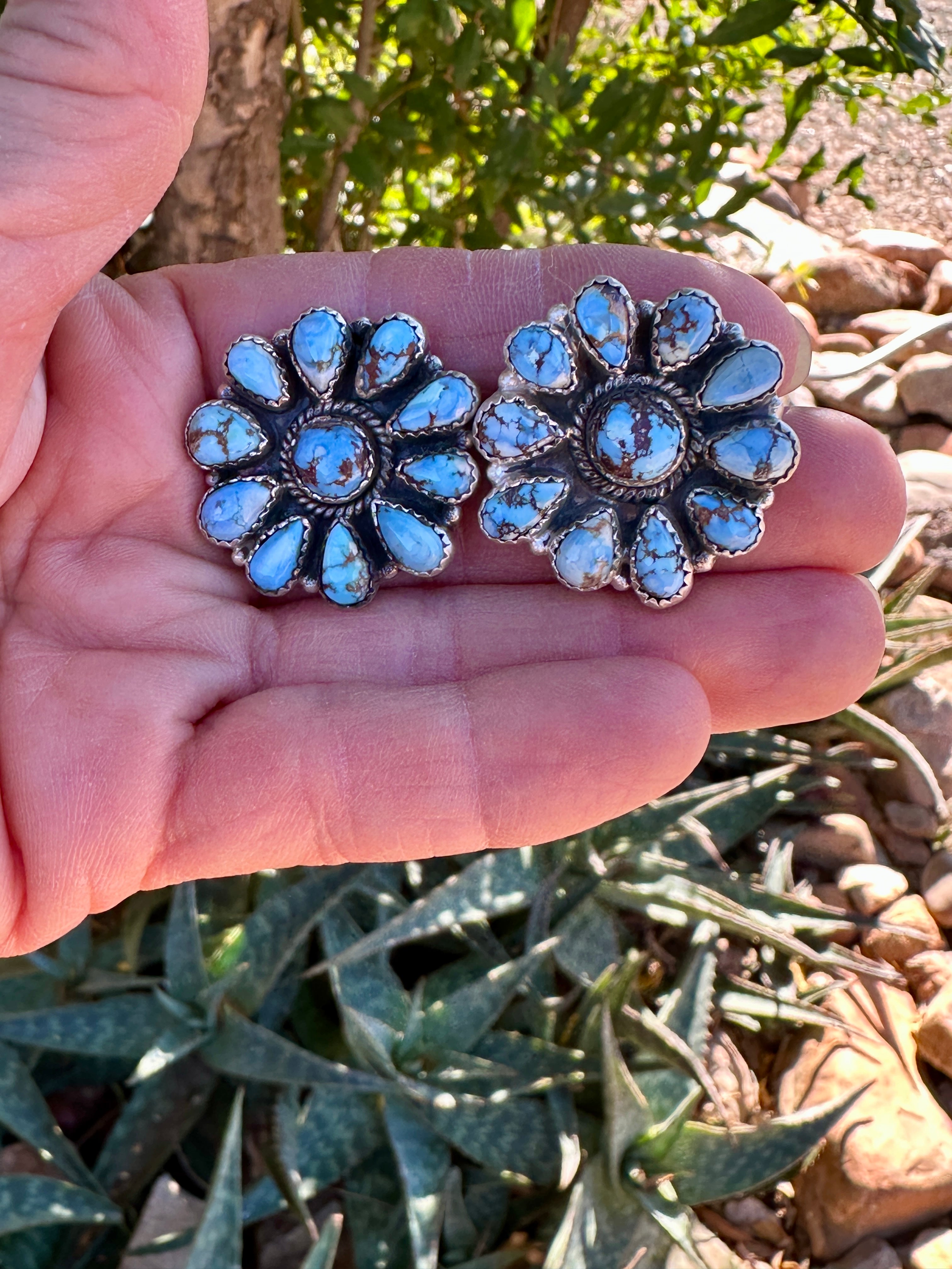 Handmade Golden Hills Turquoise & Sterling Silver Cluster Post Earrings 10 Stone