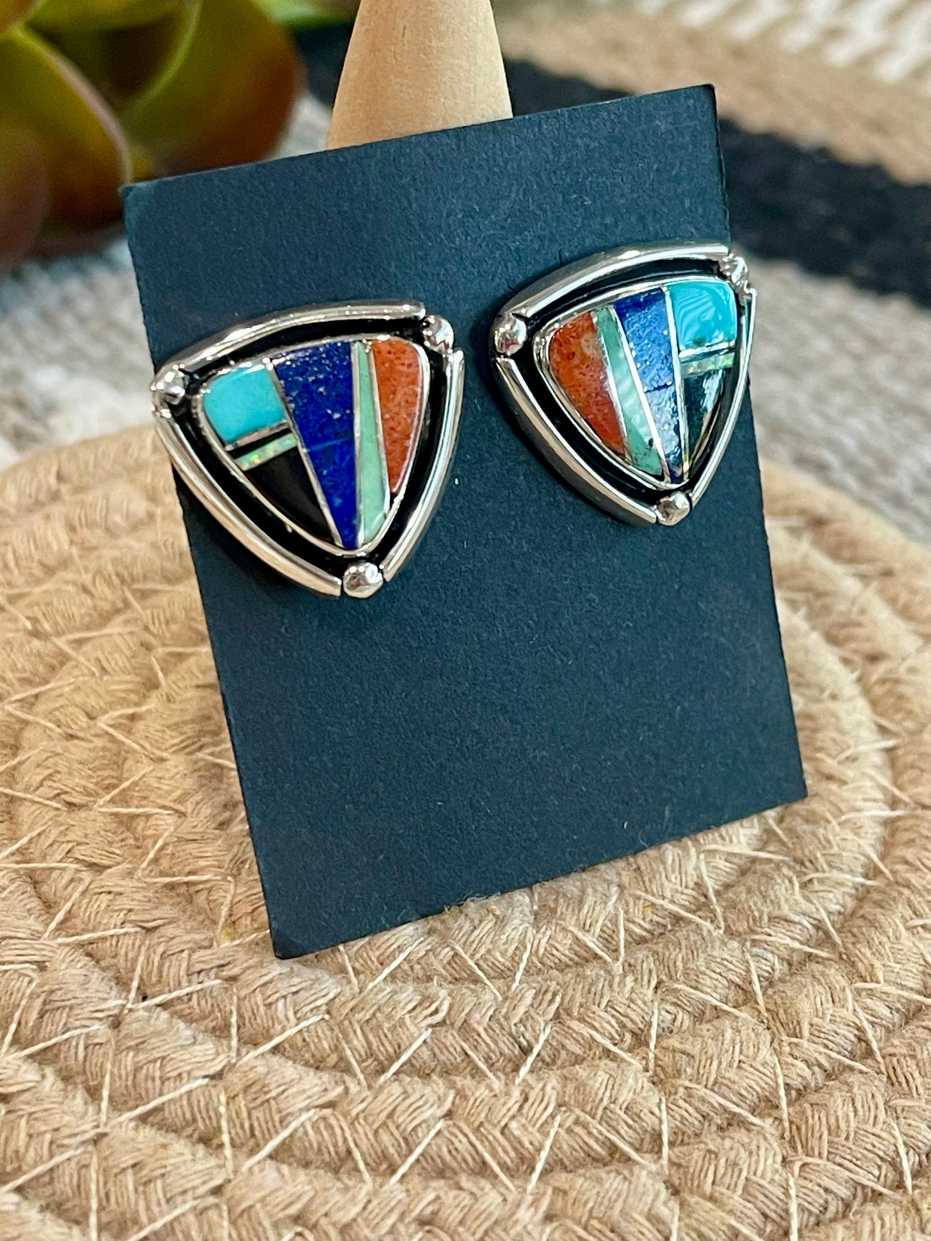 Navajo Multi Stone & Sterling Silver Inlay Post Earrings