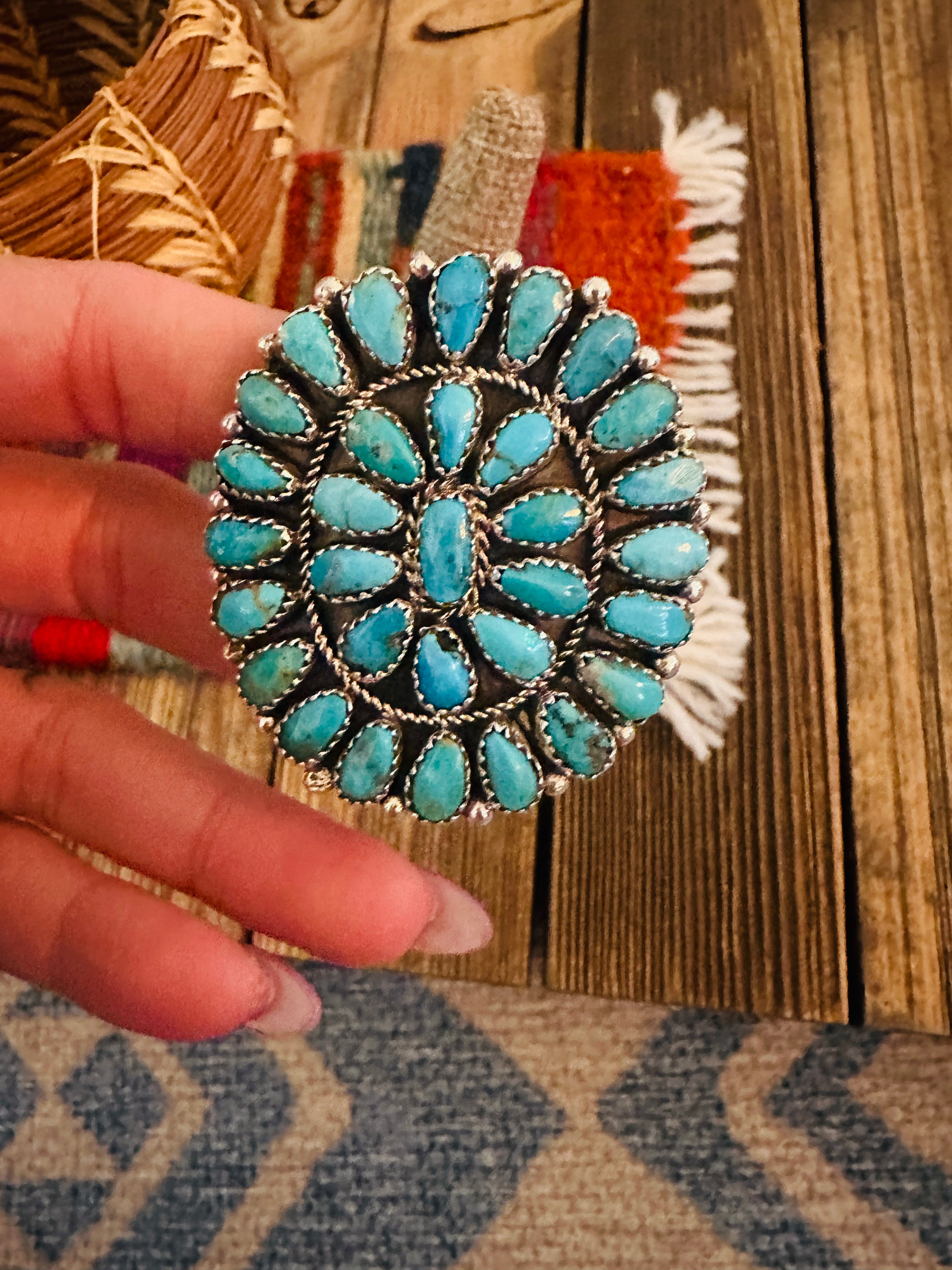 Handcrafted Turquoise & Sterling Silver Adjustable Cluster Ring