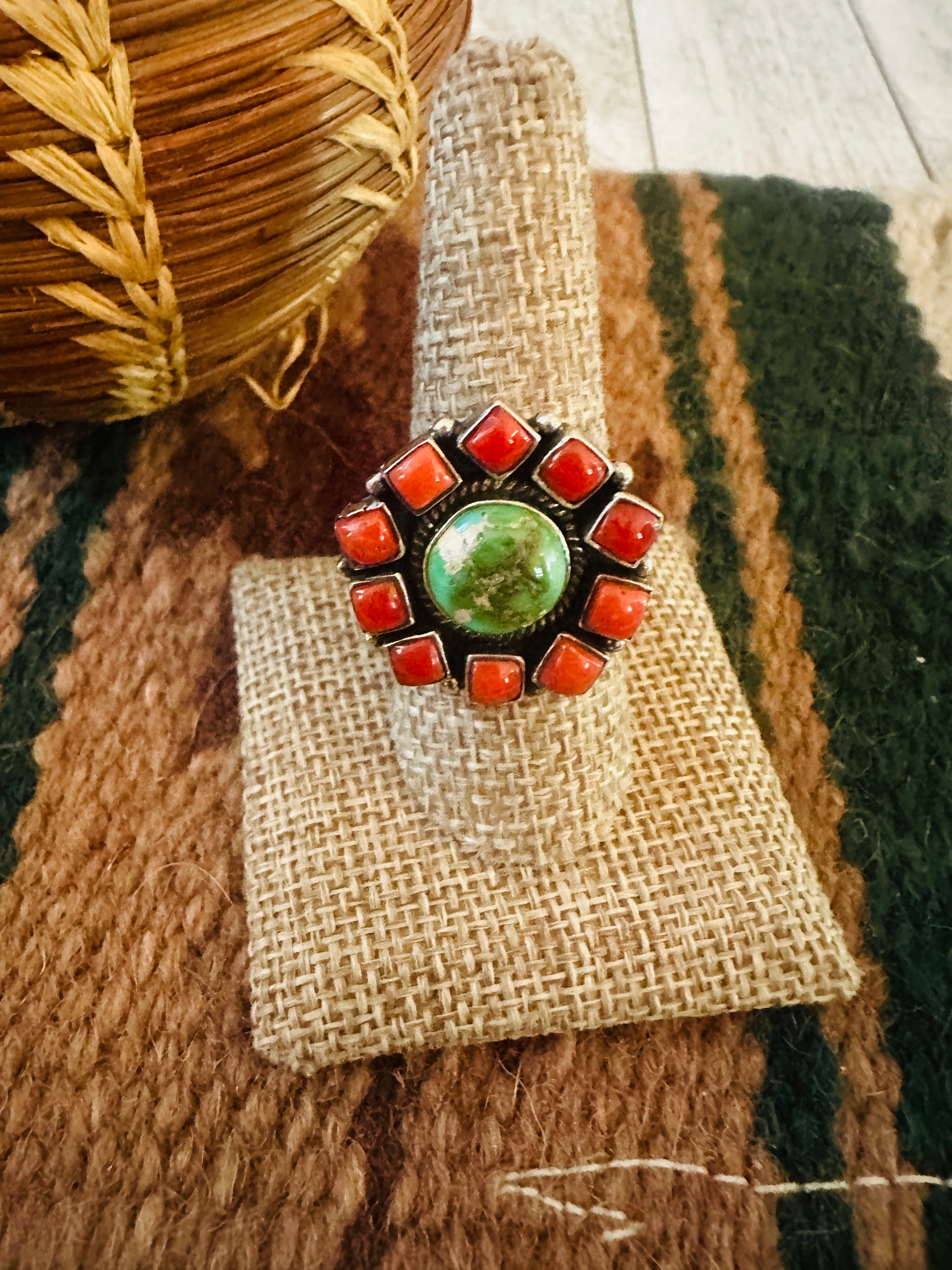 ** Christmas Collection ** Handmade Sterling Silver, Turquoise & Coral Adjustable Ring Signed Nizhoni