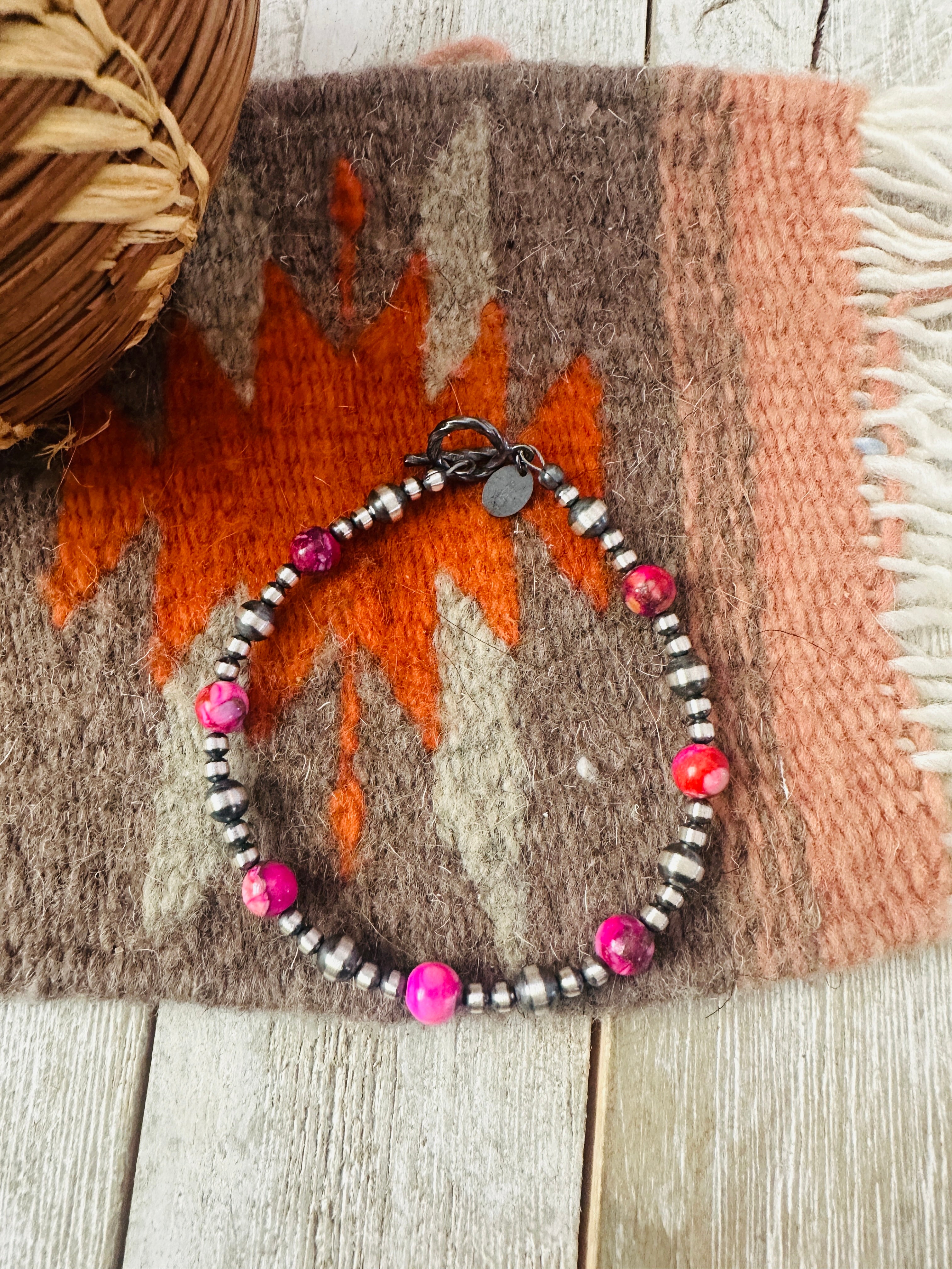 Handcrafted Pink Mojave and Sterling Silver Pearl Beaded Bracelet