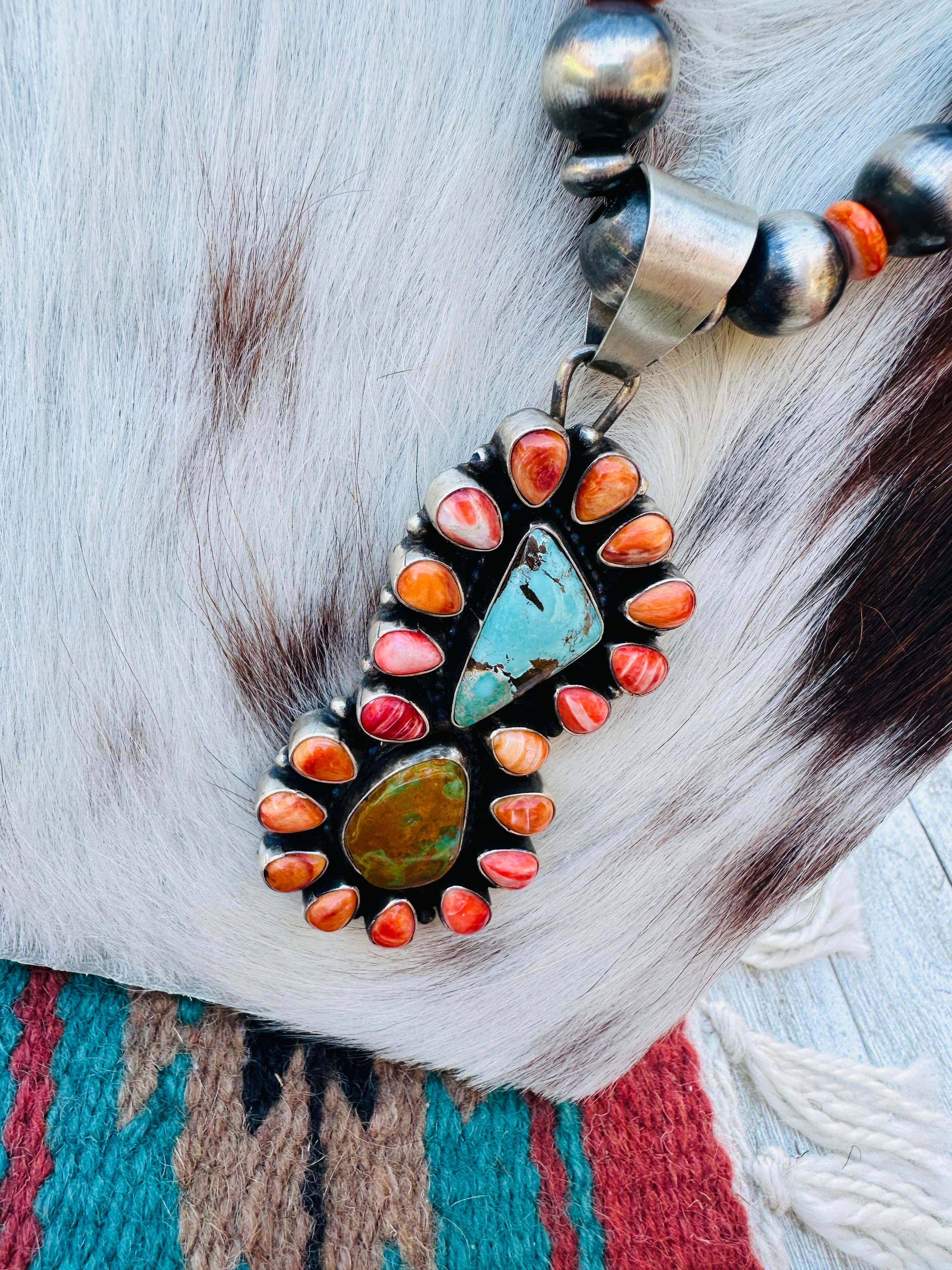 Handcrafted Sterling Silver Pearl, Spiny Oyster and Turquoise Beaded Necklace by Sheila Becenti