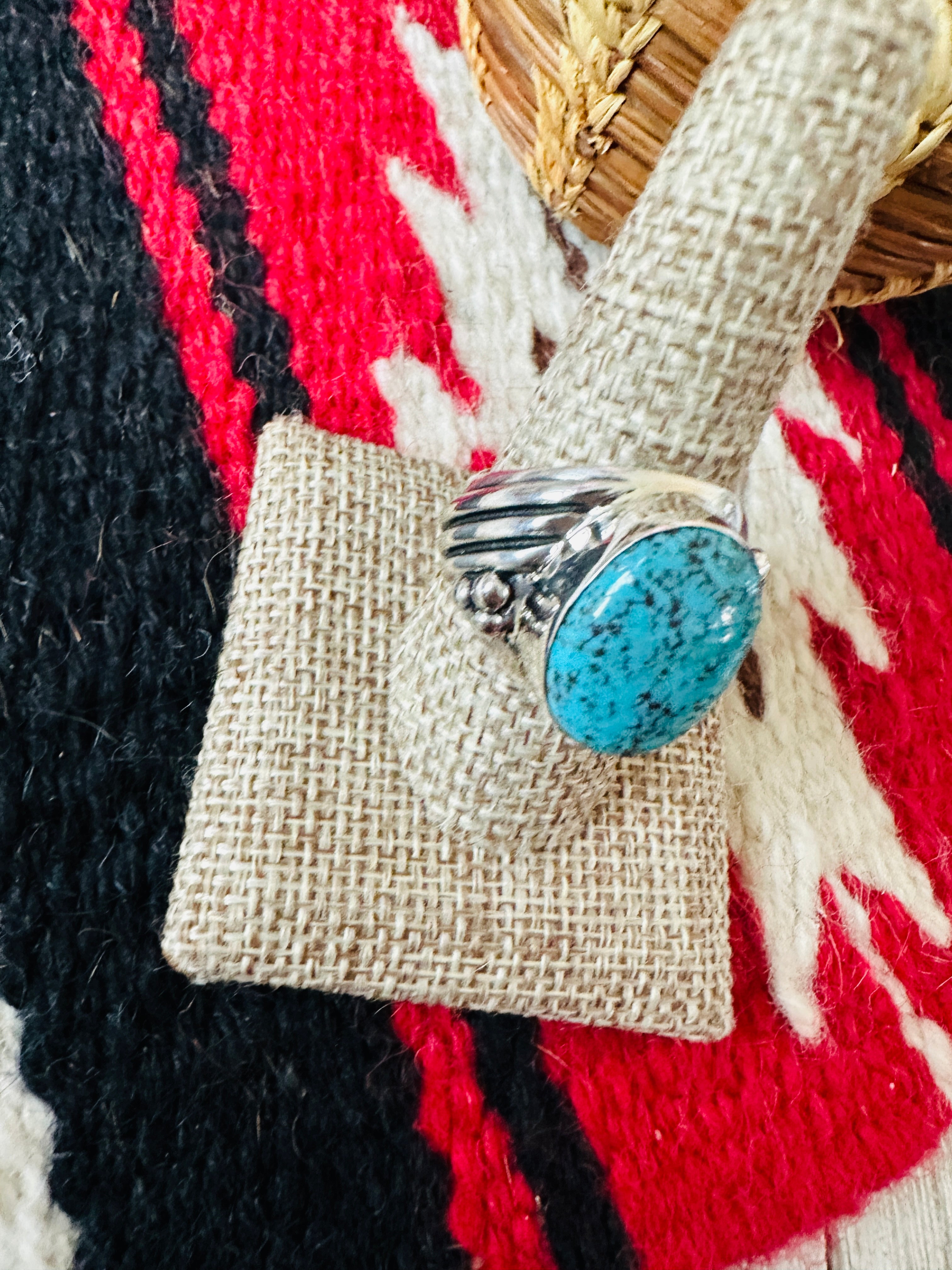 Handcrafted Turquoise & Sterling Silver Cigar Band Ring Size 9.5