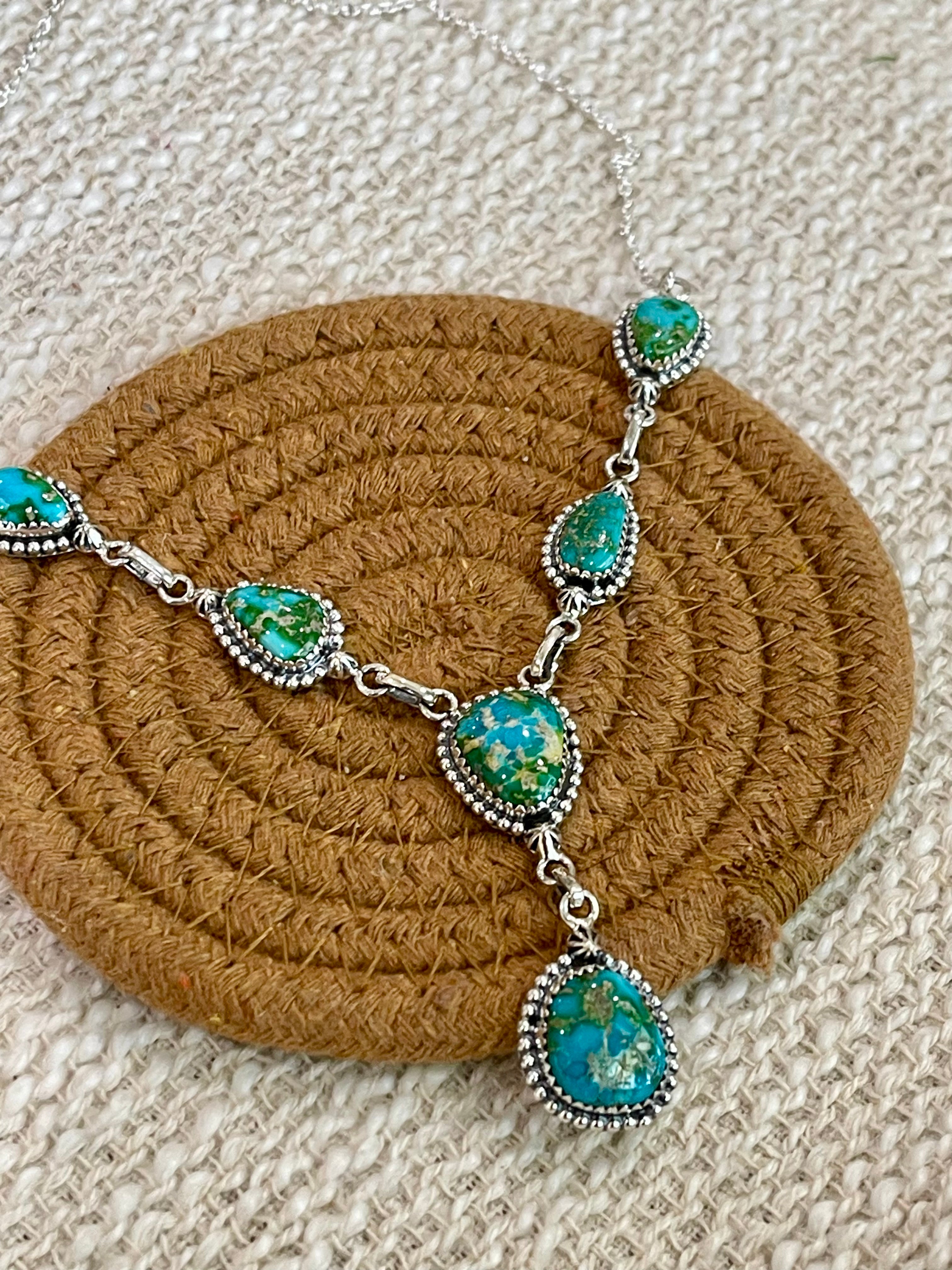 Handmade Sterling Silver Sonoran Mountain Turquoise Necklace with Signed Nizhoni