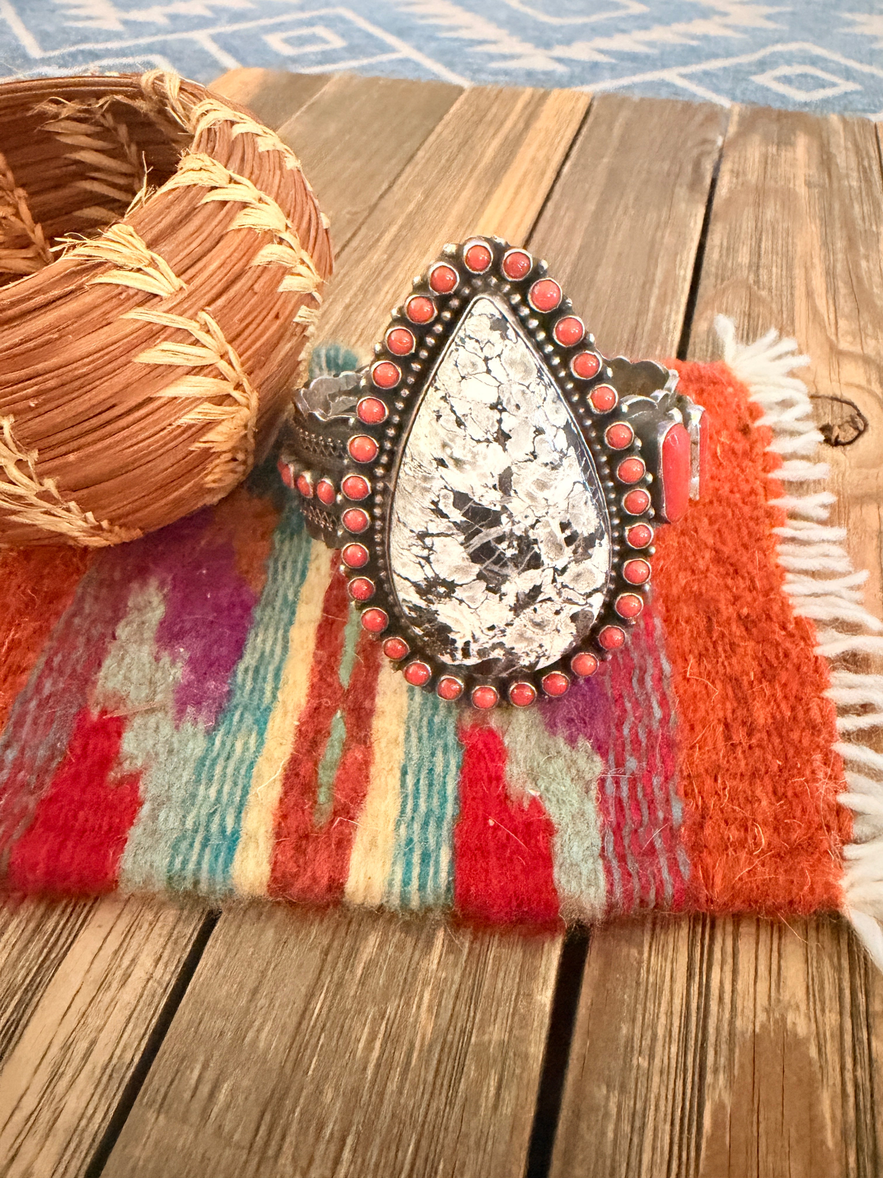 Handcrafted Sterling Silver, White Buffalo & Coral Cuff Bracelet by Shawn Cayatineto