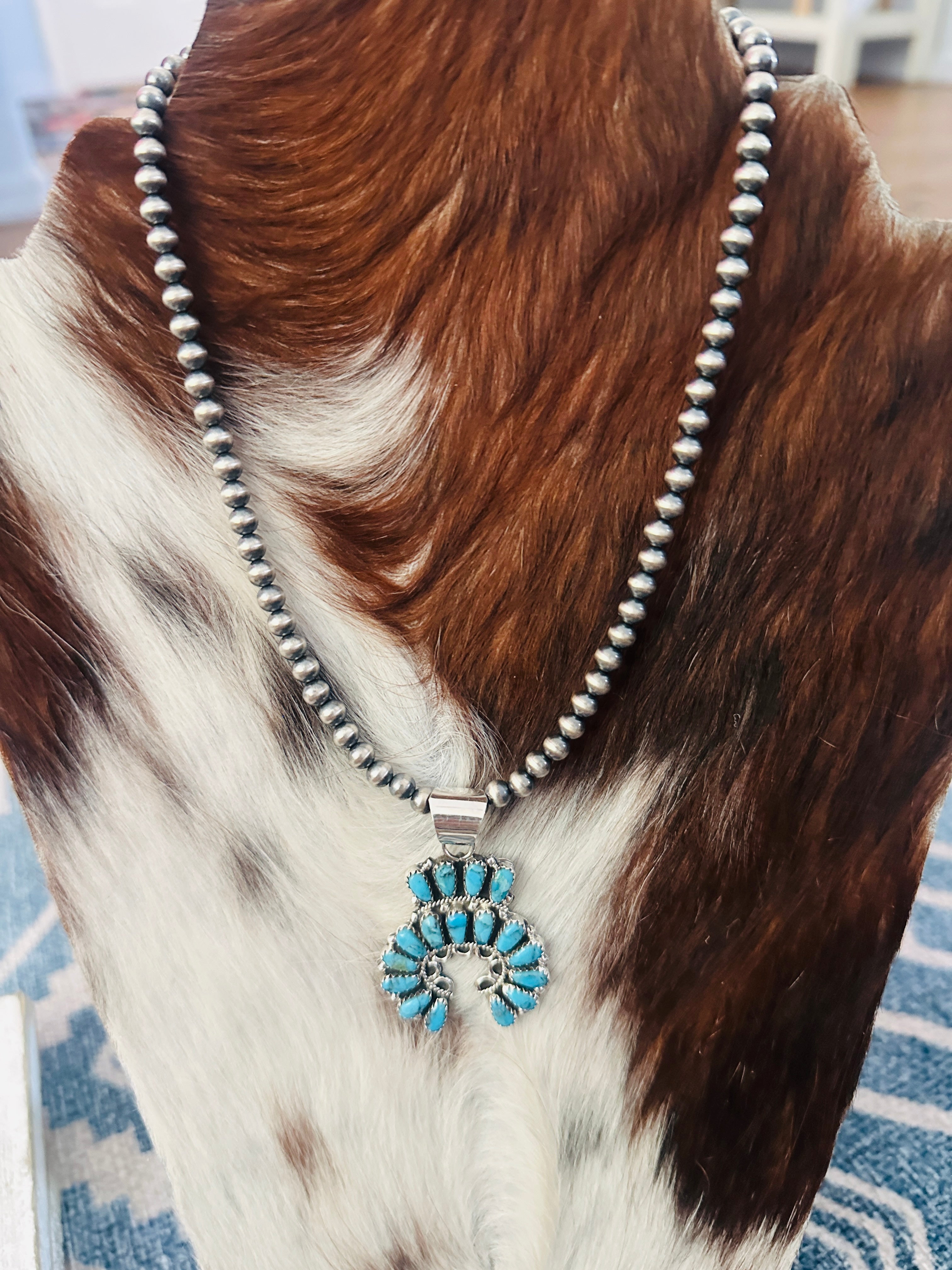 Handcrafted Turquoise & Sterling Silver Squash Blossom Necklace