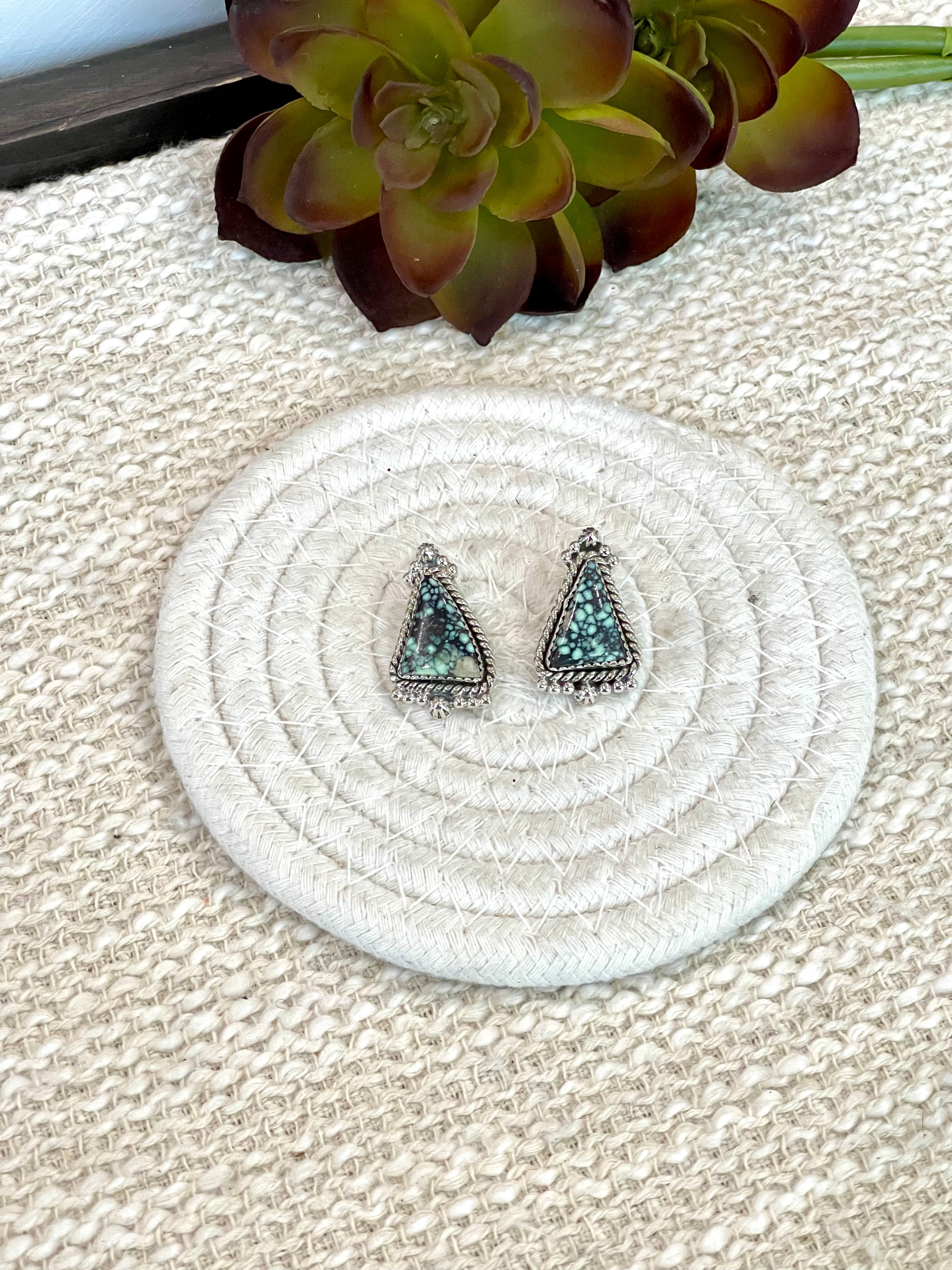 Handmade New Lander Turquoise and Sterling Silver Post Earring