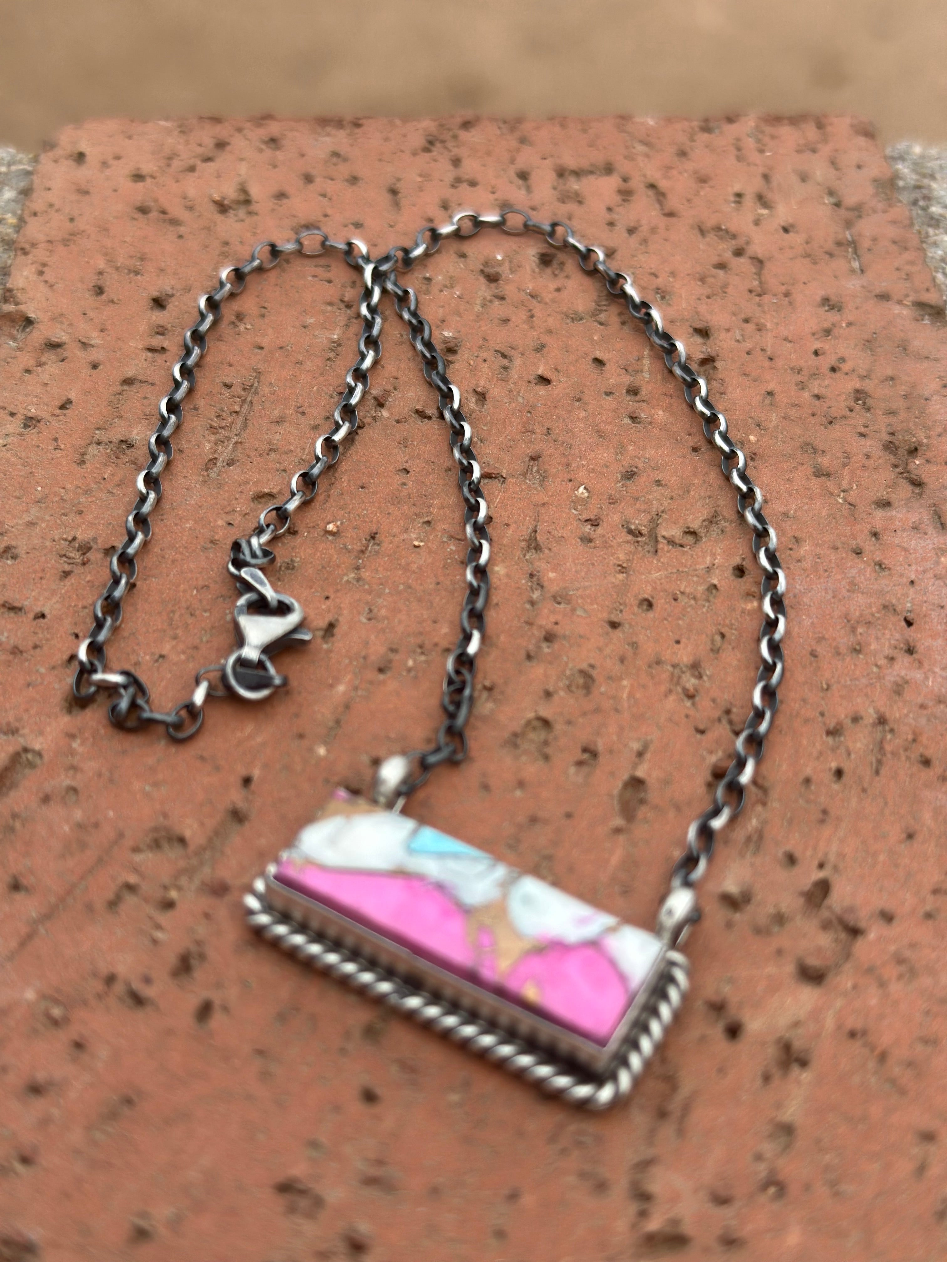 Handcrafted Cotton Candy Sterling Silver Handmade Bar Necklace