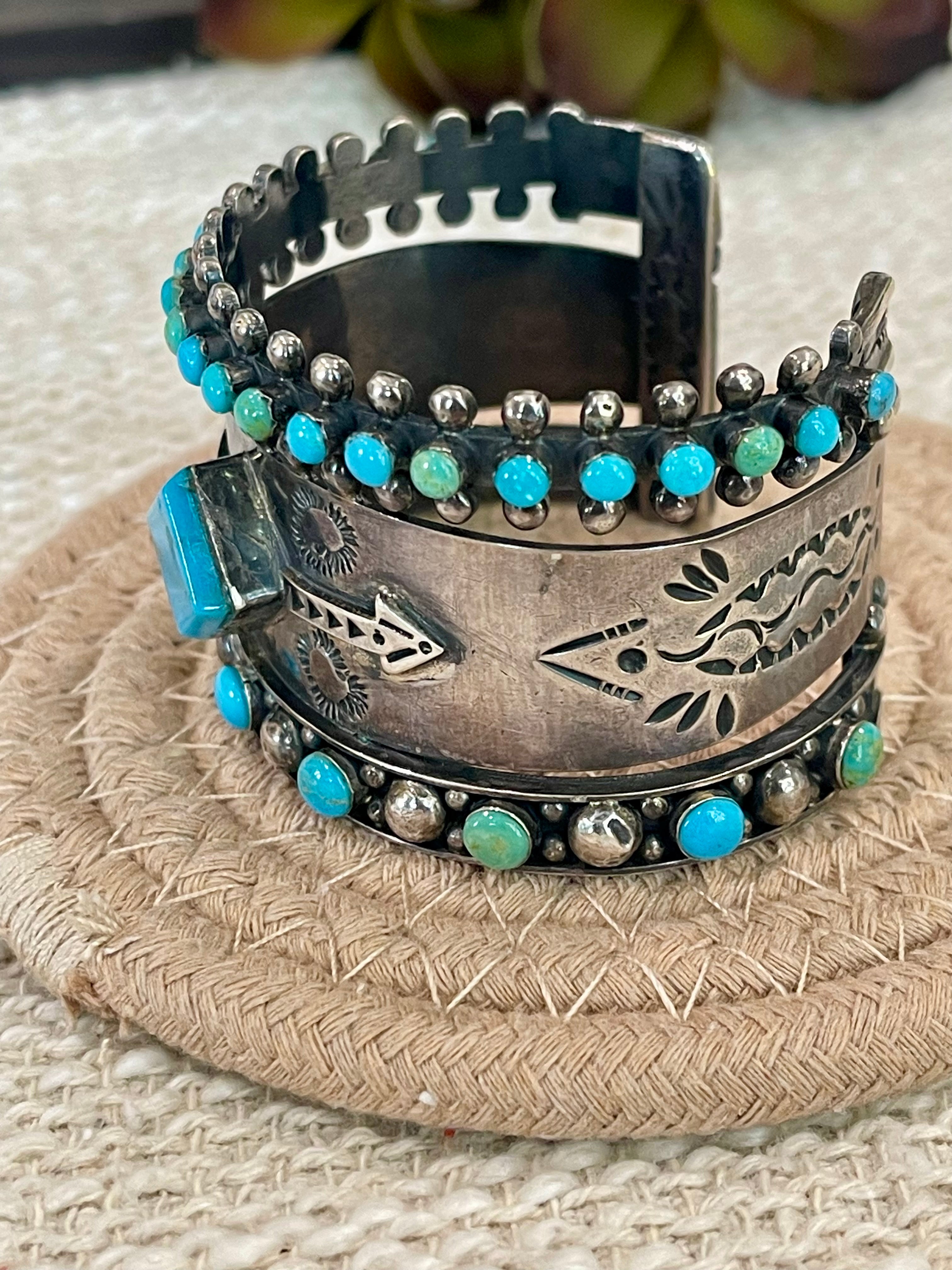 Handmade Sterling Silver, Kingman & Sonoran Mountain Turquiose Adjustable Cuff Bracelet /