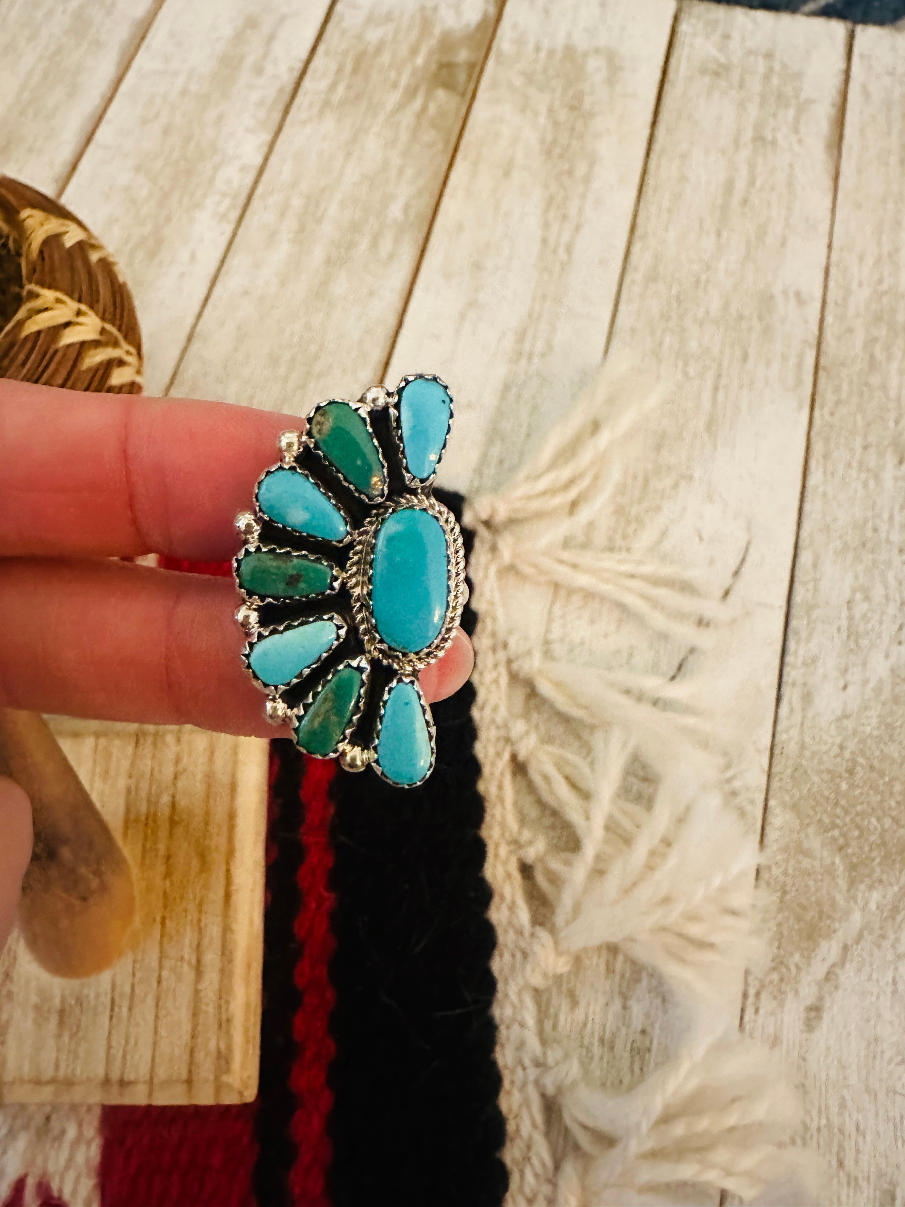 Handcrafted Sterling Silver & Turquoise Cluster Adjustable Ring