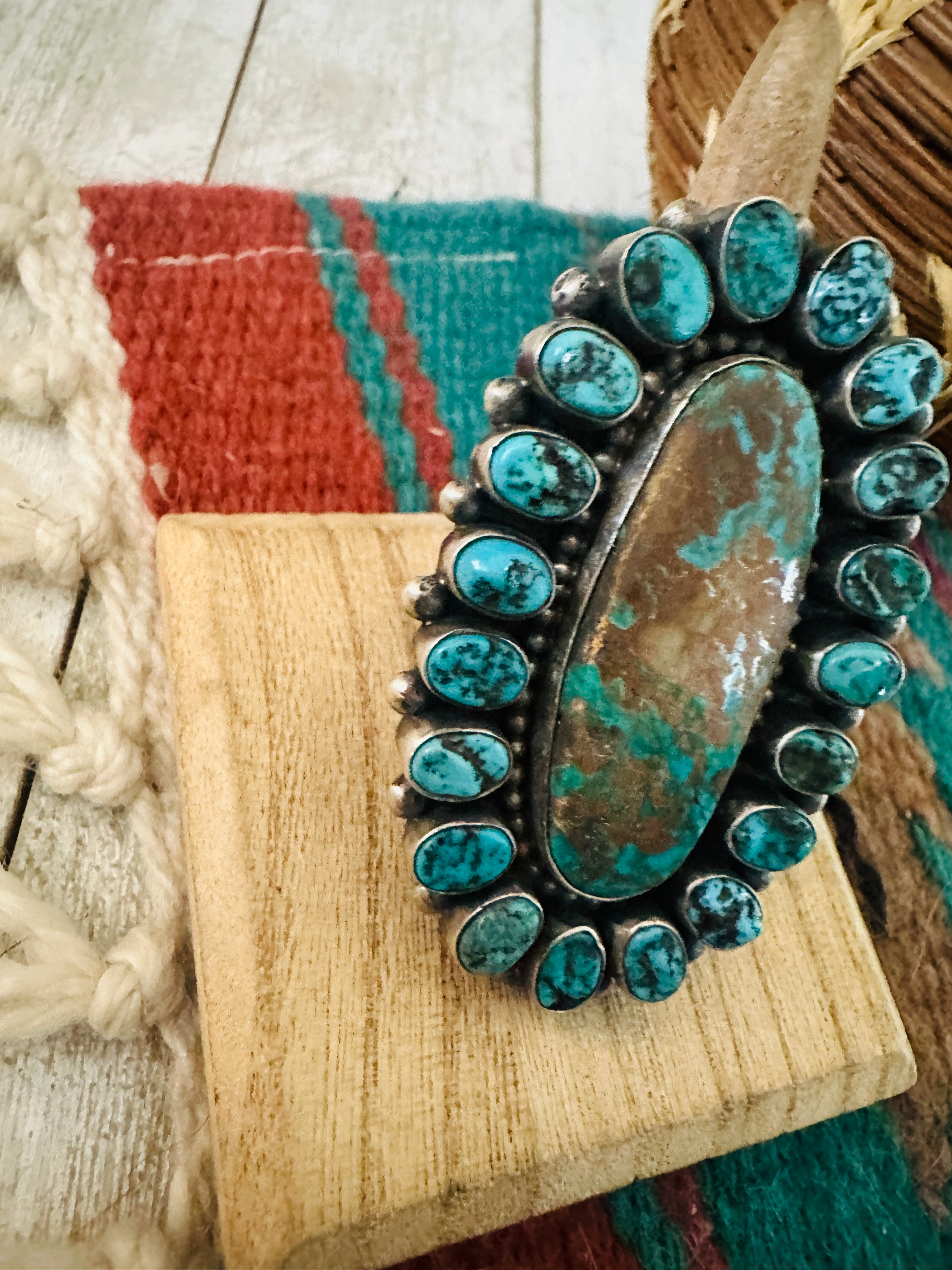 Handcrafted Turquoise & Sterling Silver Cluster Adjustable Ring by Blaine Yellowhorse