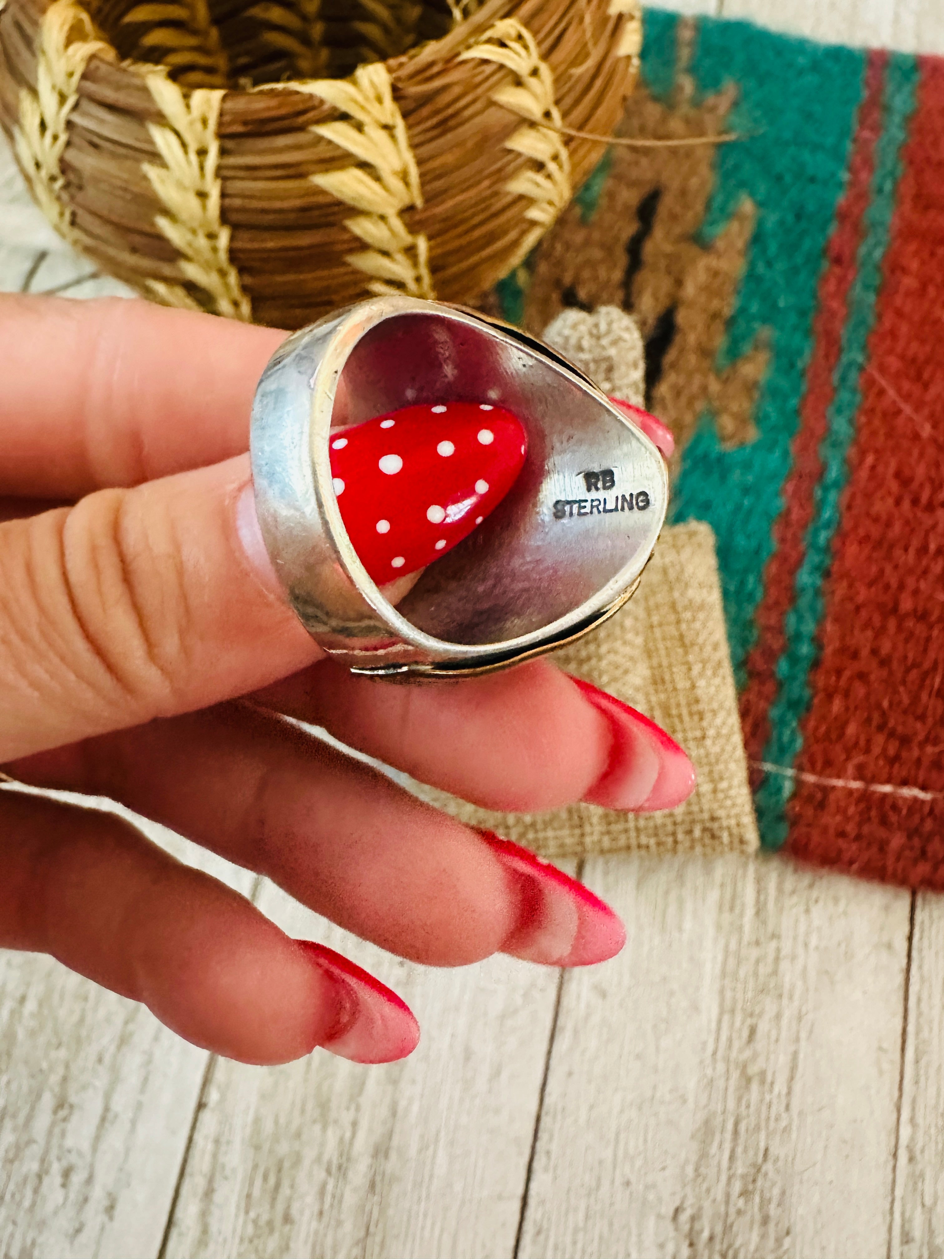 Handcrafted Old Pawn Sterling Silver with Gold Overlay, Turquoise & Coral Ring Size 10.75