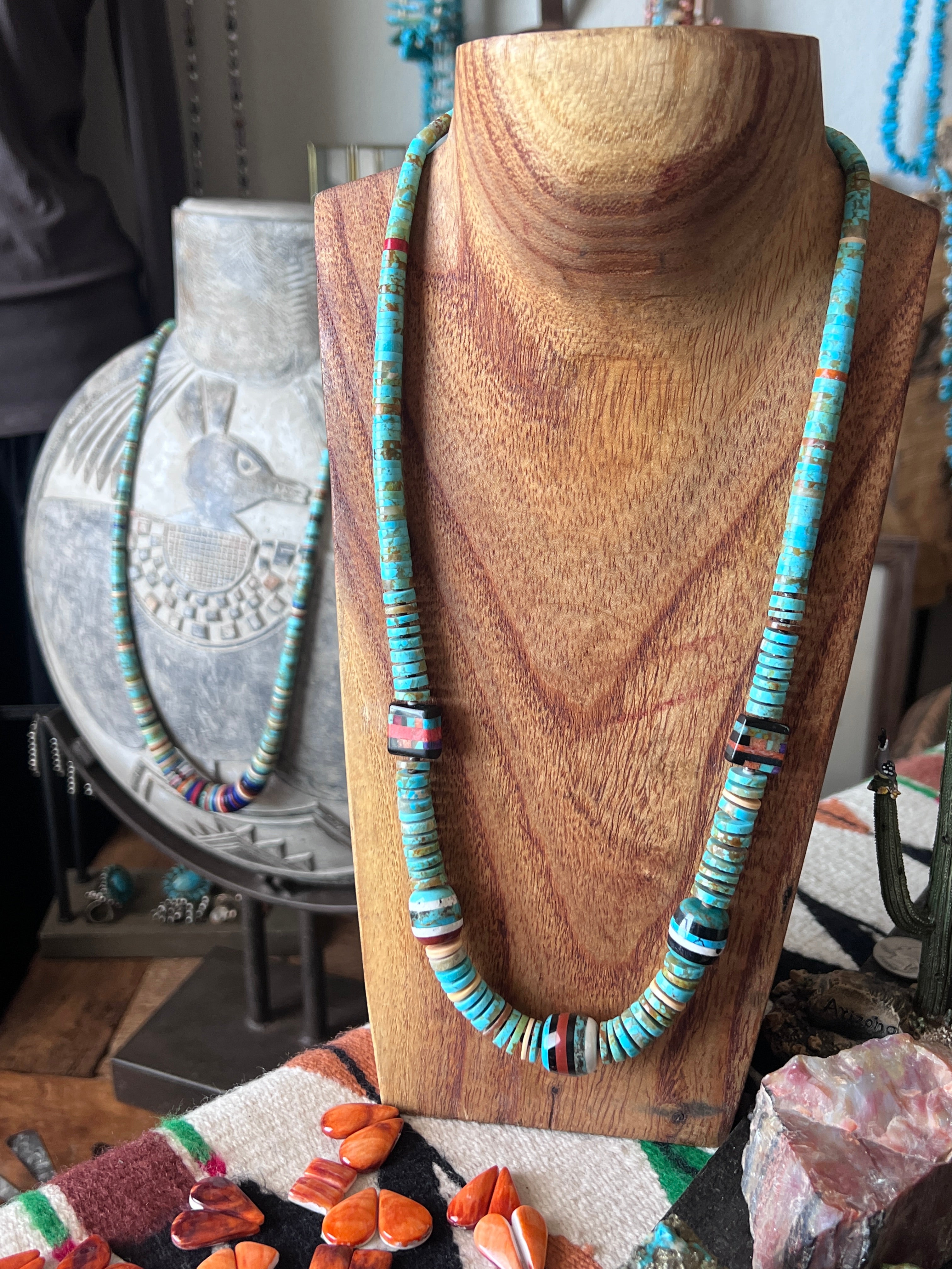 Ronald Chavez Handcrafted Turquoise Heishi Beaded Santo Domingo Necklace with Layered Bead Accents