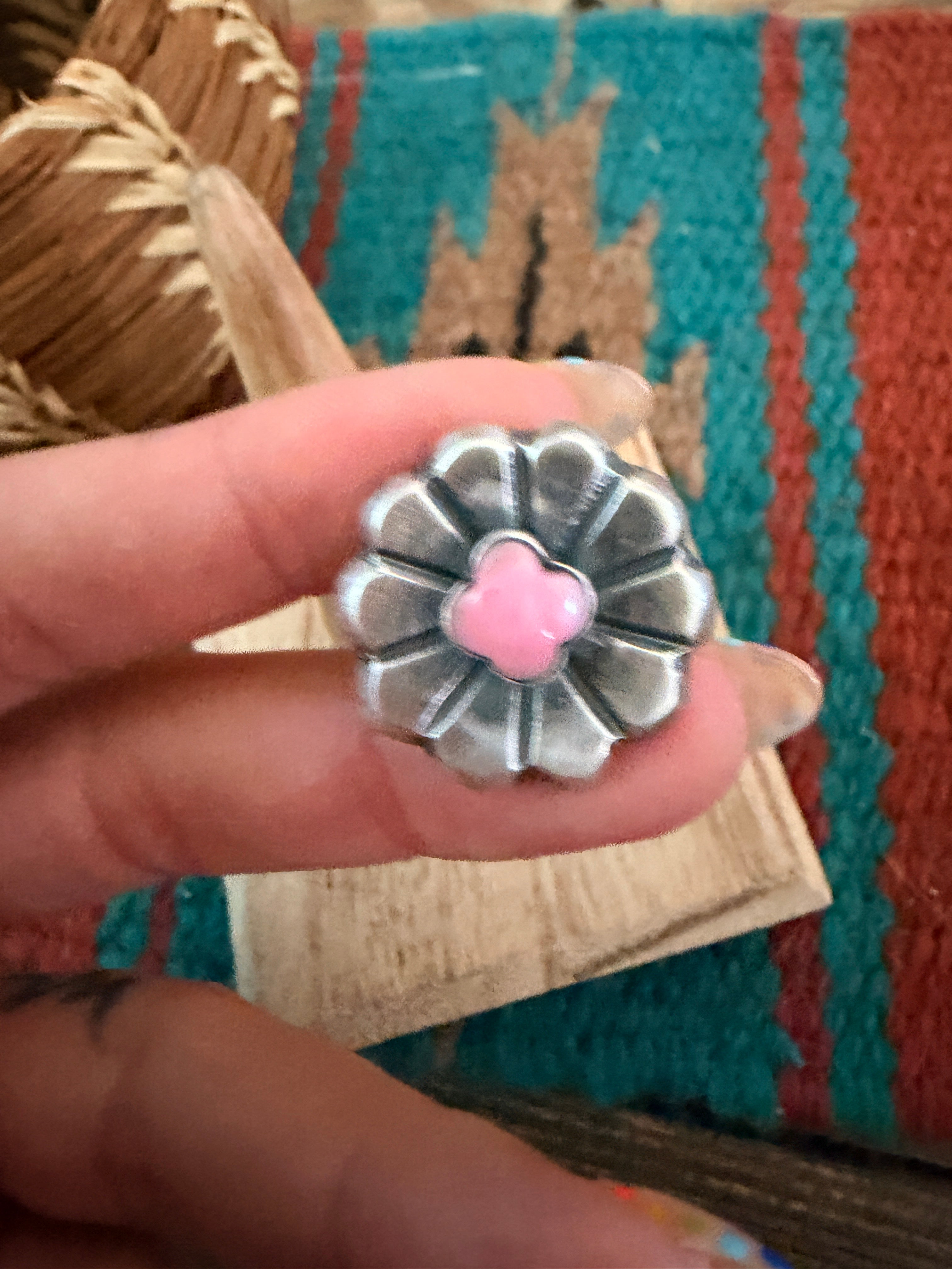Handcrafted Queen Pink Cocnh and Sterling Silver Flower Ring size 6.75 by Chimney Butte