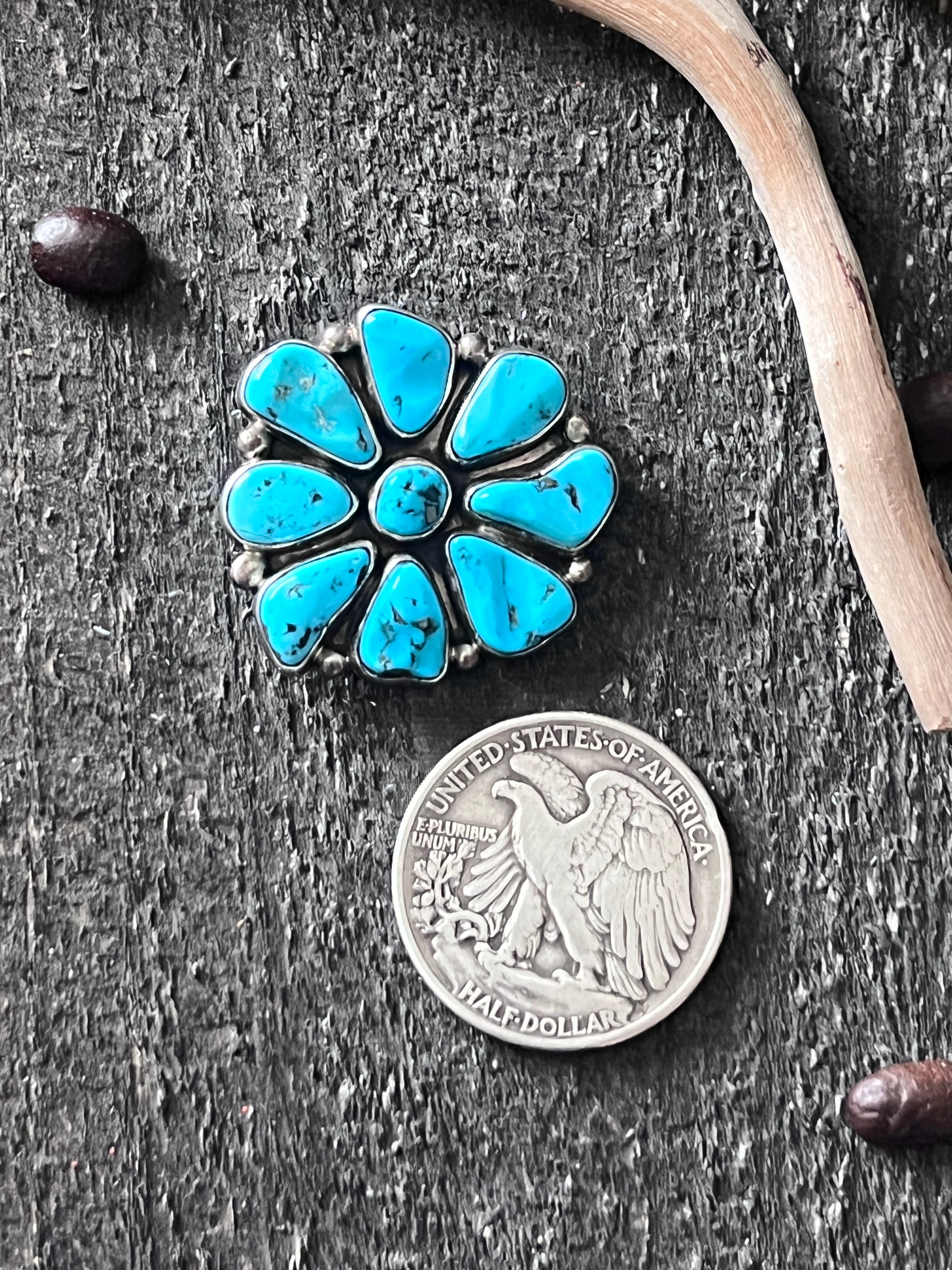 Estate Collection Sterling Silver and Sleeping Beauty Turquoise Cluster Brooch/Pendant Signed Garcia