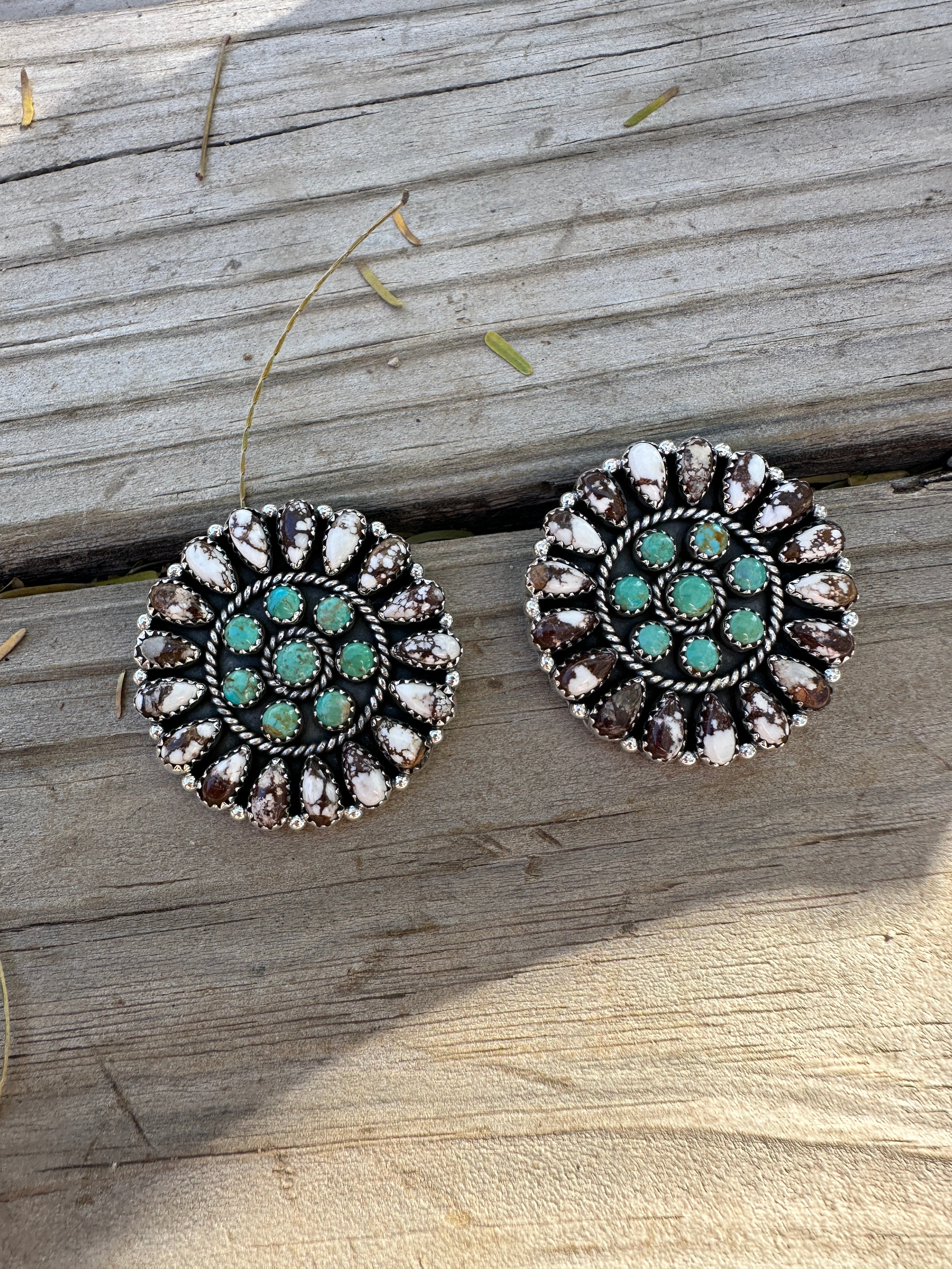 Handmade Sterling Silver, Wild Horse & Turquoise Post Cluster Earrings Signed Nizhoni