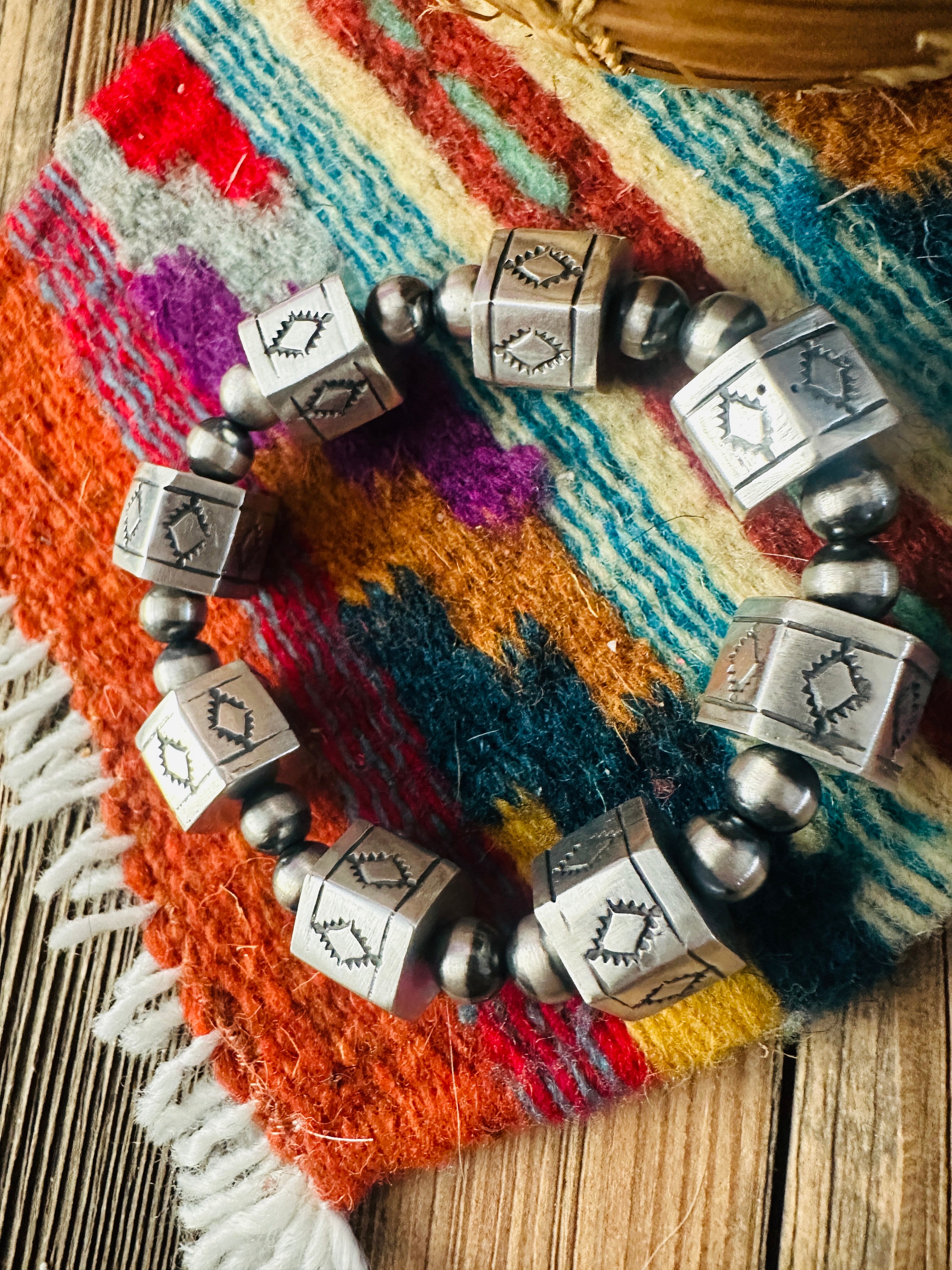 Hand Stamped Sterling Silver Pearl Beaded Stretch Bracelet