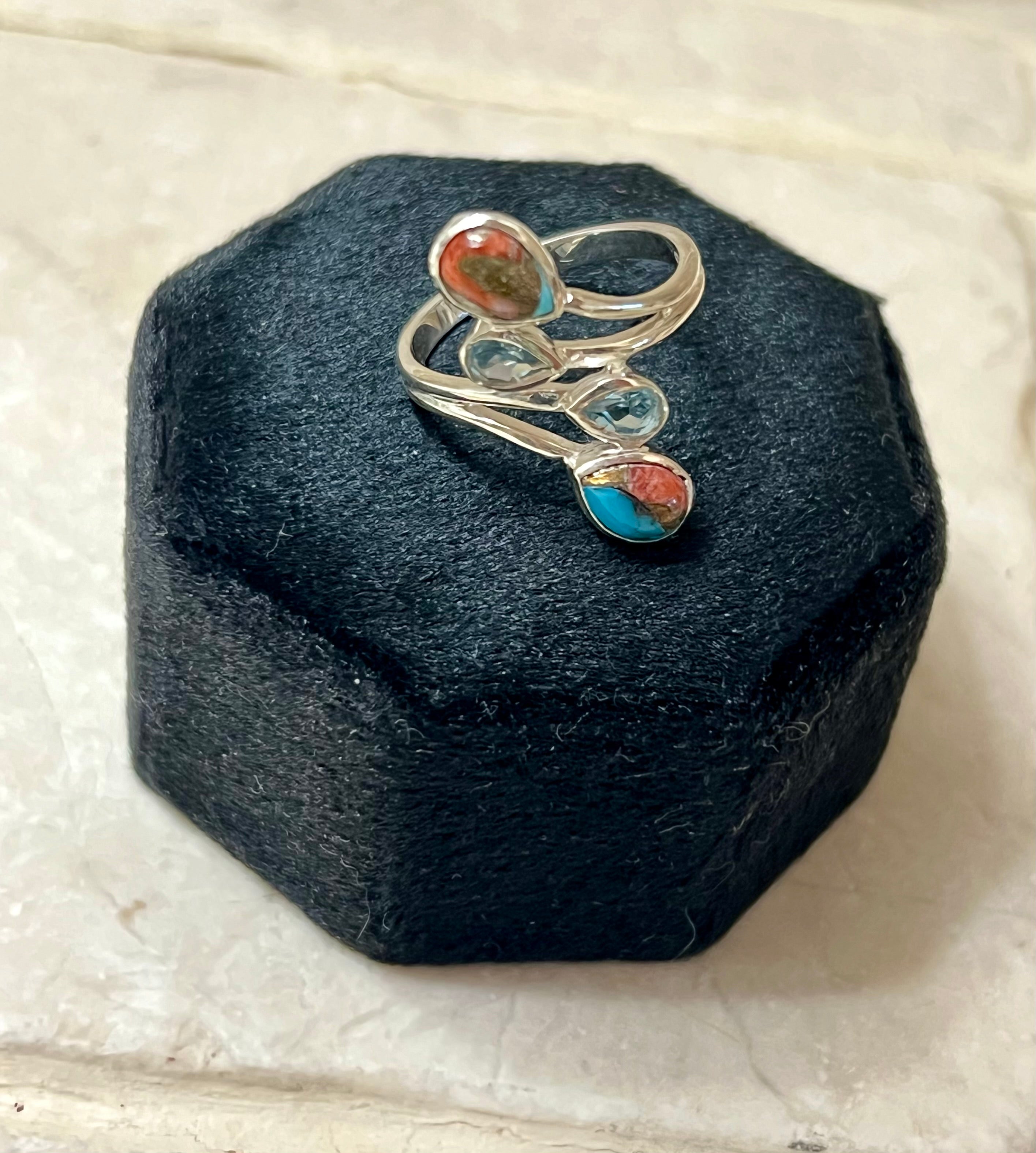 Turquoise, Blue Topaz and Spiny Oyster Sterling Silver Ring Size 7