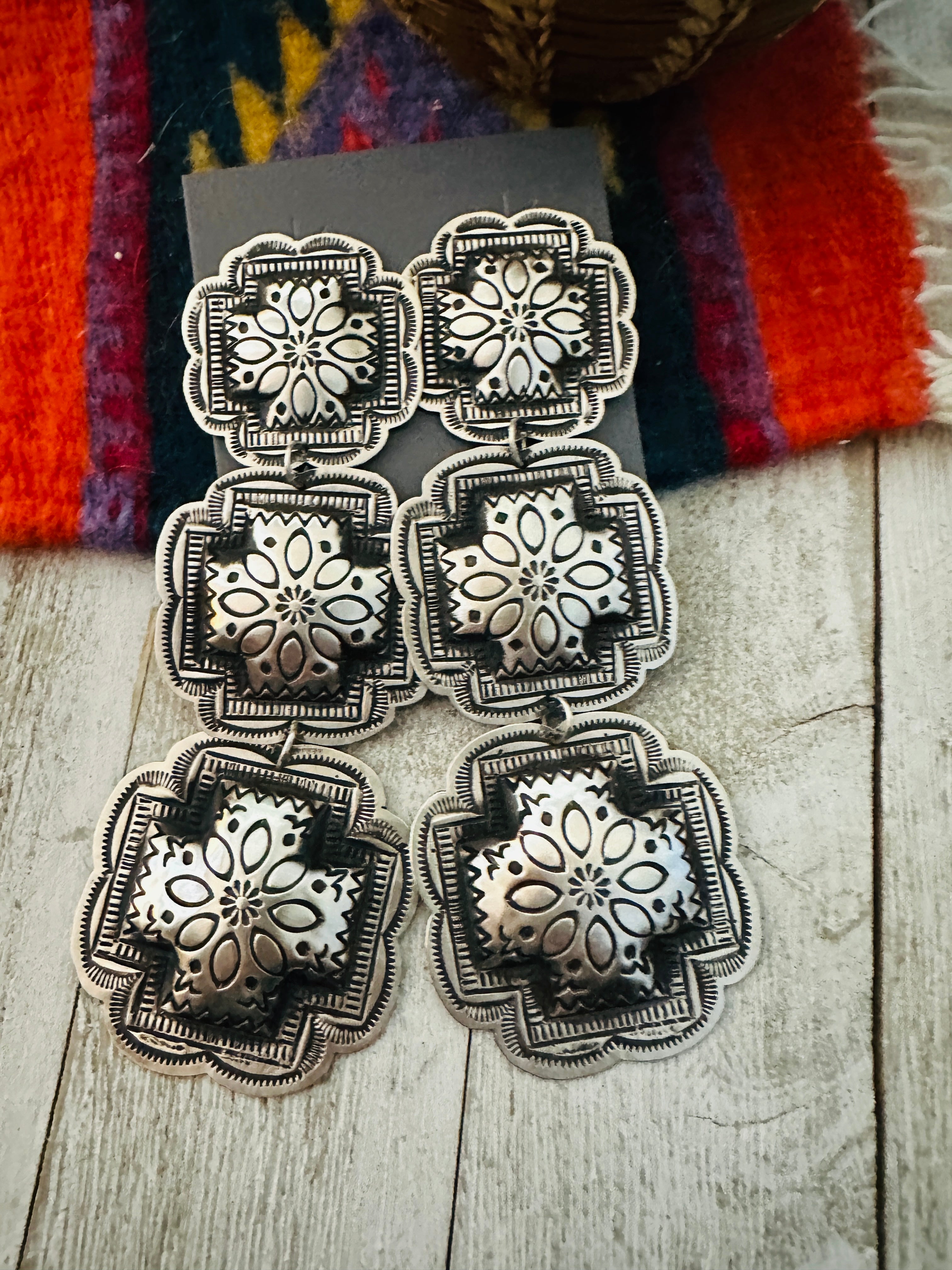 Handcrafted & Hand Stamped Sterling Silver Concho Dangle Earrings by Leander Tahe