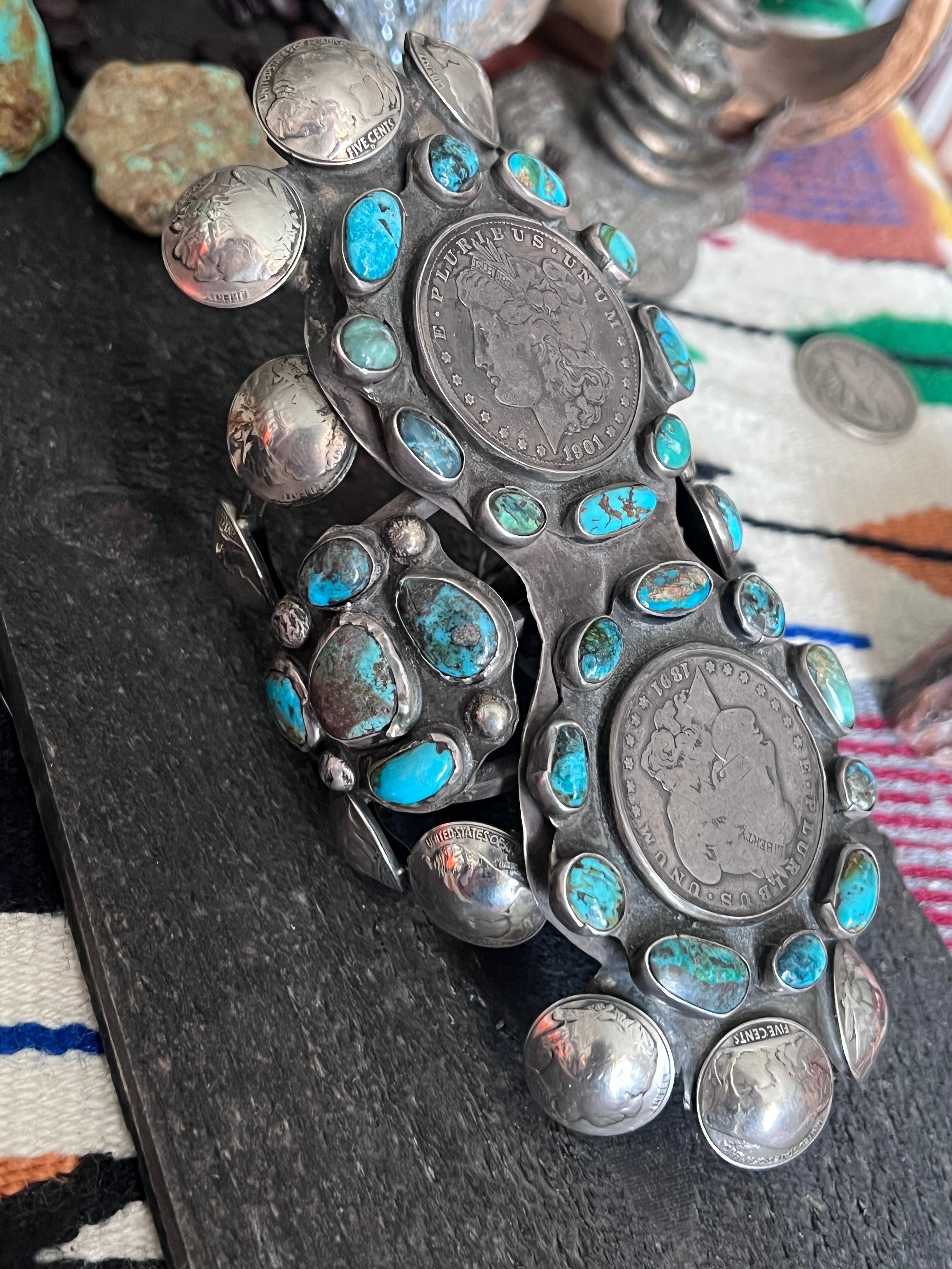 Insane Old Pawn Sterling Silver, Morgan Dollar, Buffalo Nickel and Turquoise Cuff Bracelet