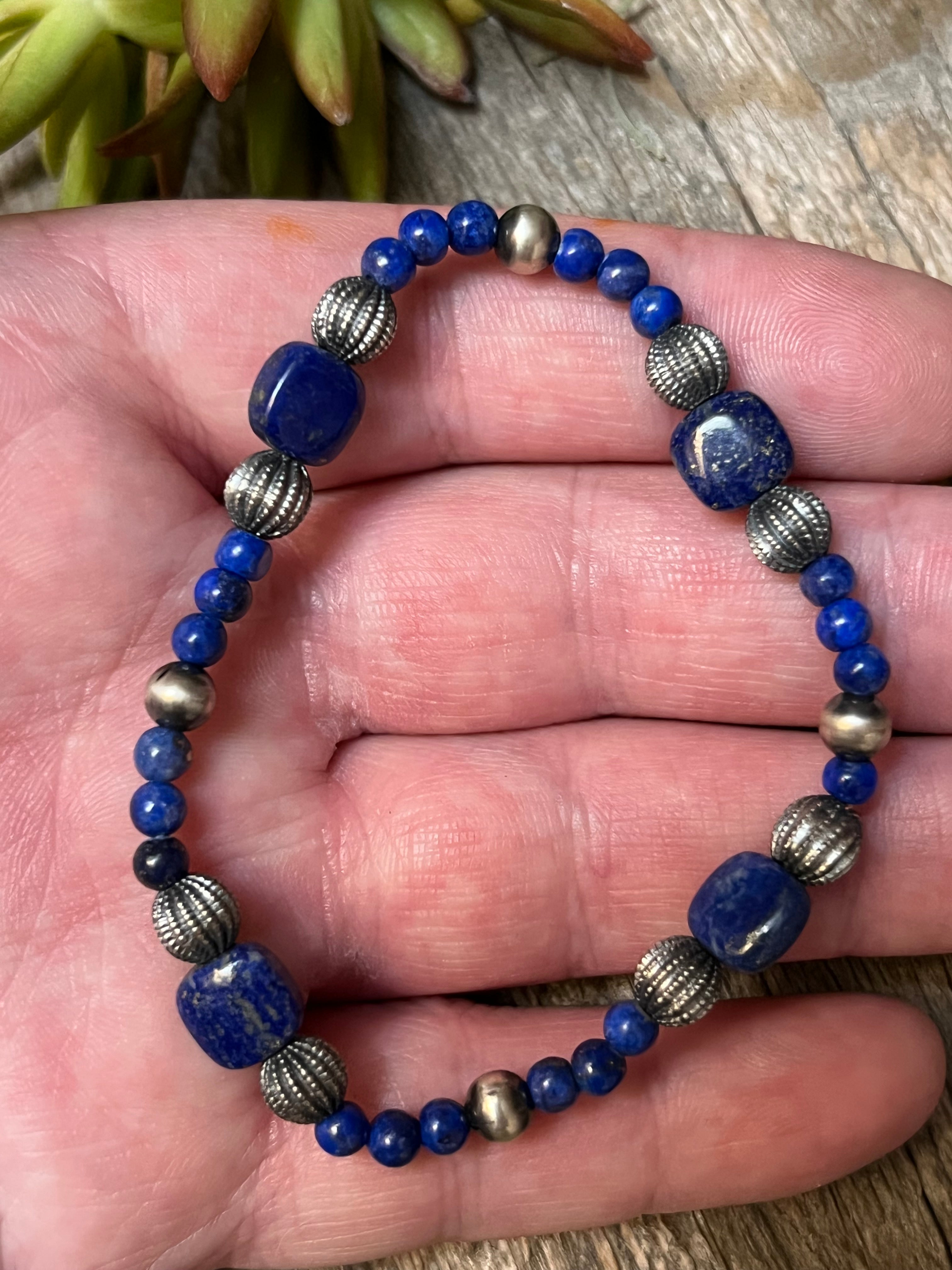 Handmade Lapis & Sterling Silver Beaded Bracelet