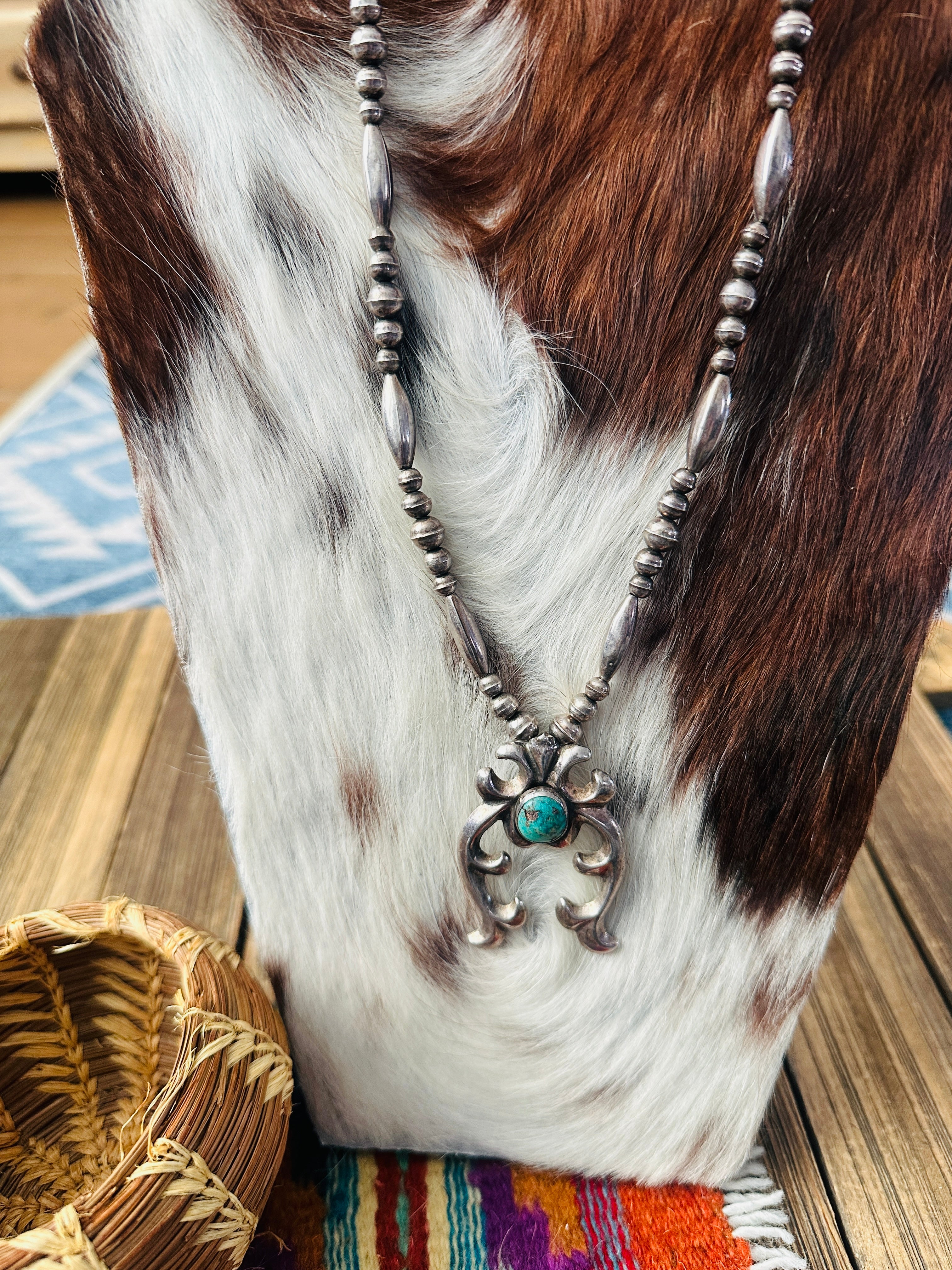 Old Pawn Handcrafted Turquoise & Sterling Silver Beaded Naja Necklace