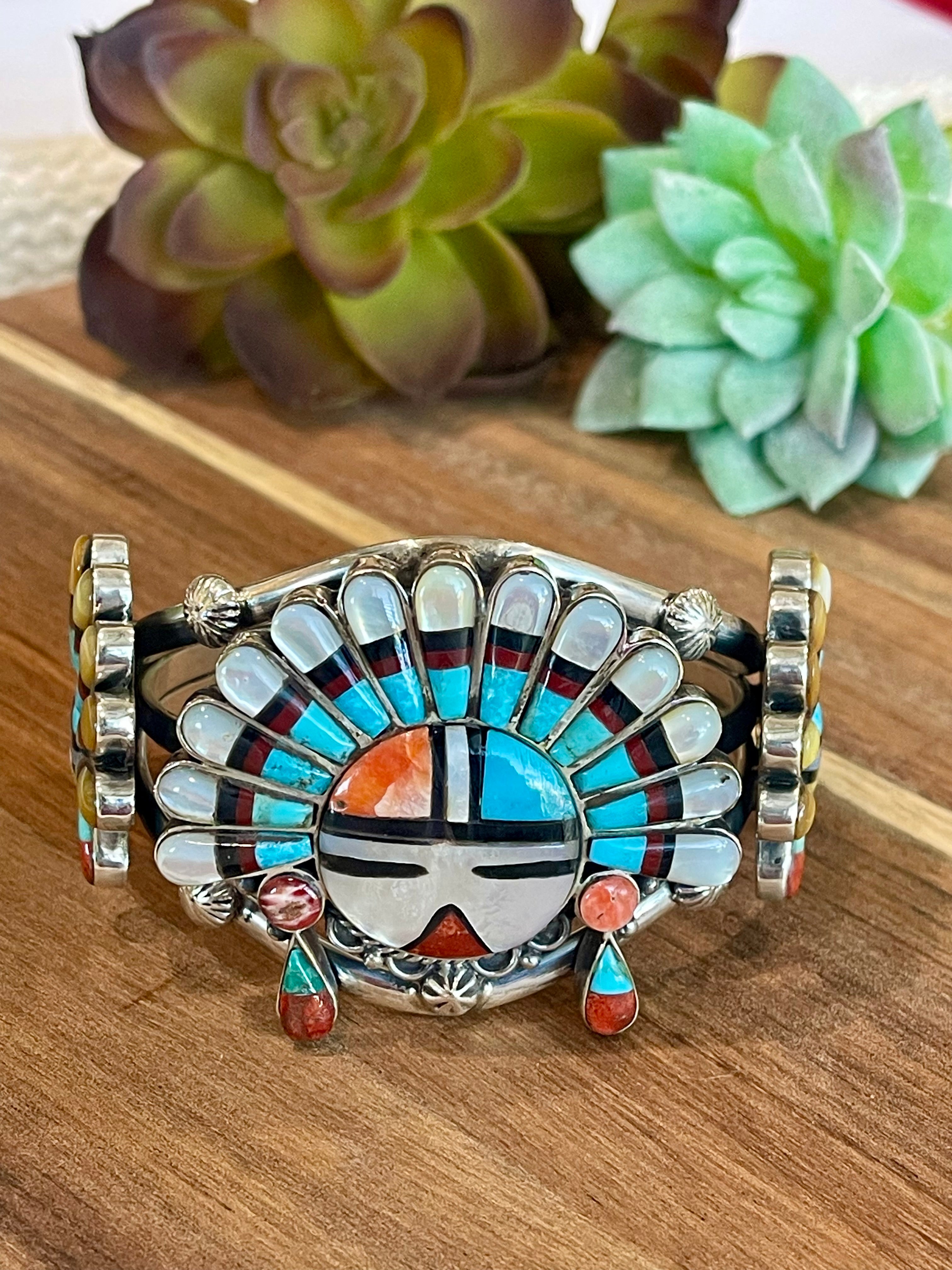 Handmade Sterling Silver & Multistone Sun Face Adjustable Cuff Bracelet /